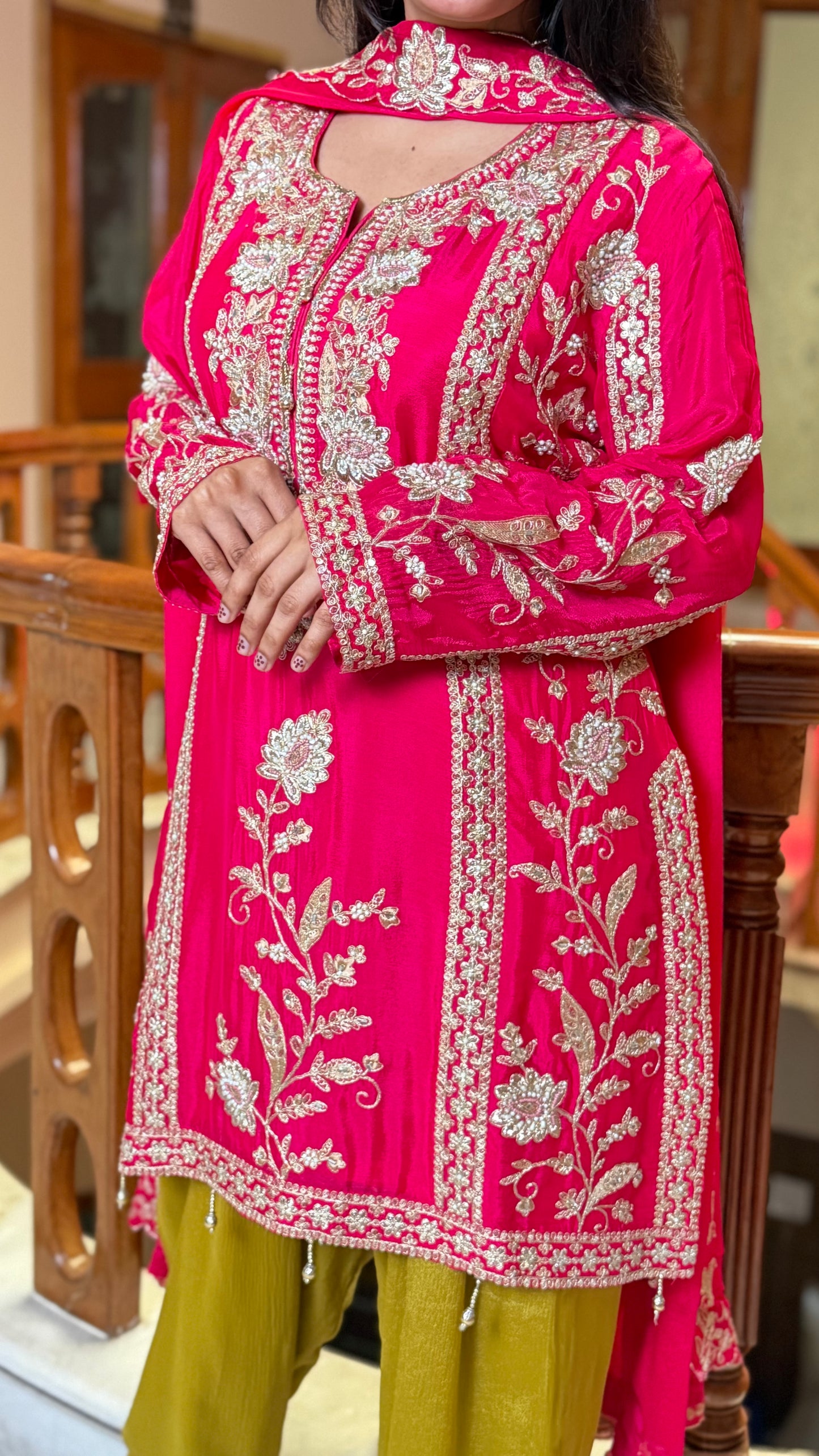 Rani Pink Pure Chinon Farshi Salwar Suit with Heavy Embroidery