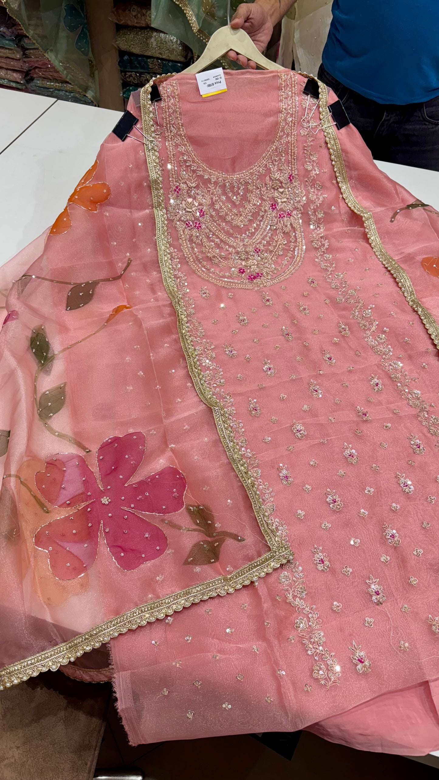Glass Organza Unstitched Suit with Heavy Zardozi Hand Embroidery