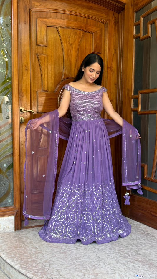 Purple Georgette Lehenga Choli Set | Sequin & Thread Embroidered Boat Neck Choli | Flared Skirt with Mirror Work | Net Dupatta | Readymade Free Size Up to 42 Bust | Wedding & Party Wear