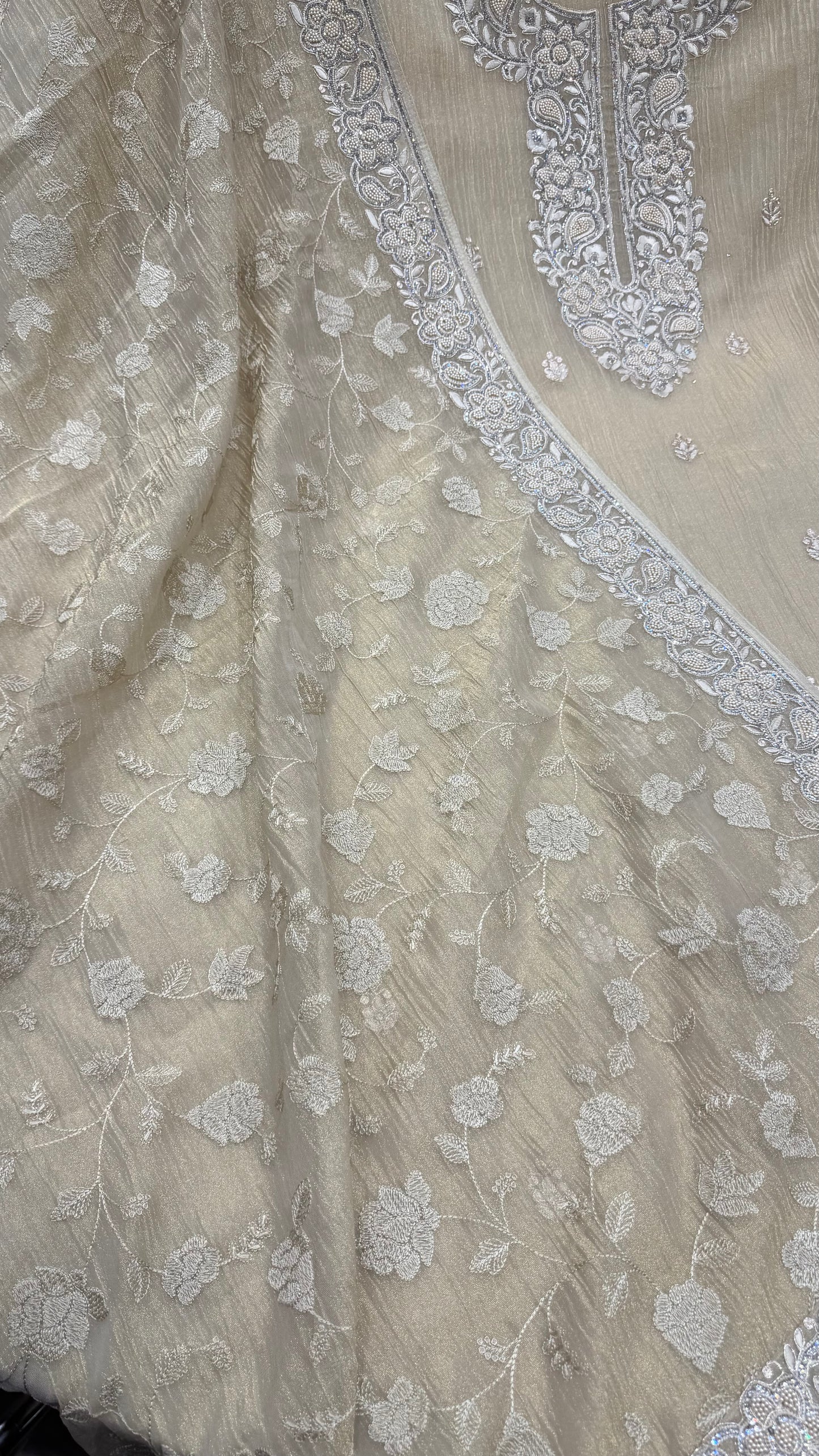 Unstitched Pure Crush Organza Embroidered Pakistani Suit with Heavy Dupatta | Parsi Zari Pearl & Zircon Handwork | Luxury Designer Party Wear