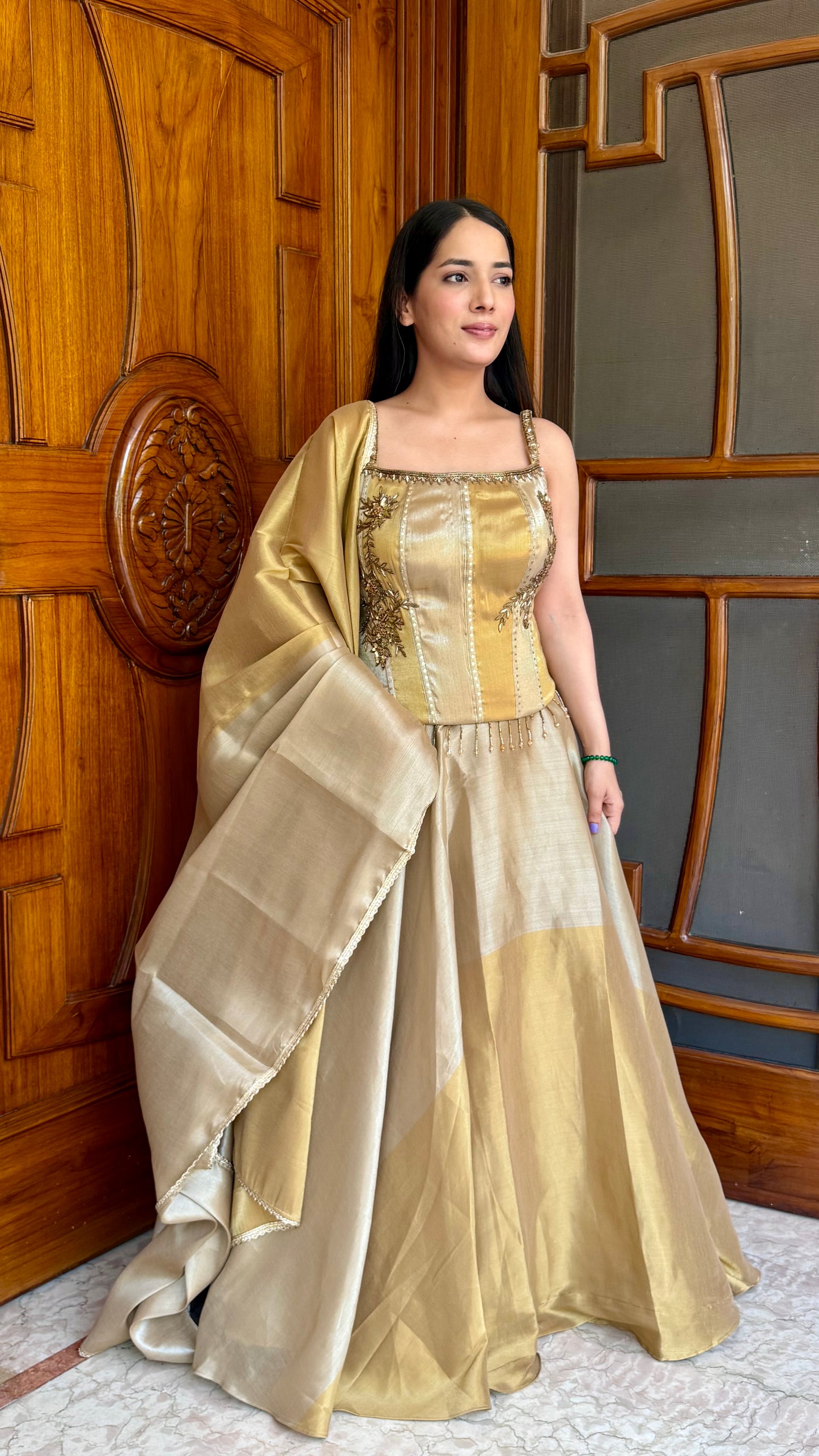 Luxury Dual Tone Pure Tissue Corset Choli Lehenga Set with Hand Embroidered Nakshi Work & Tissue Dupatta