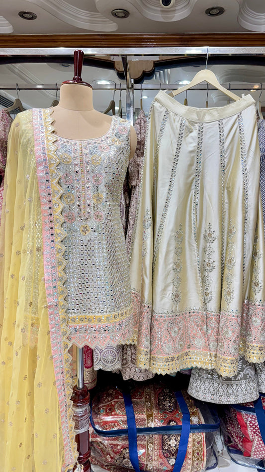 Pastel Mirror & Gotta Hand Embroidered Silk Sharara Suit – Readymade Free Size (Up to 42” Bust)