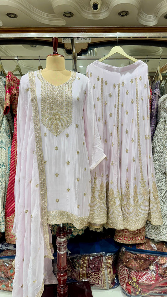 Elegant Hand-Embroidered Pure Chinon Lehenga Suit – Readymade Free Size (Up to 46” Bust)