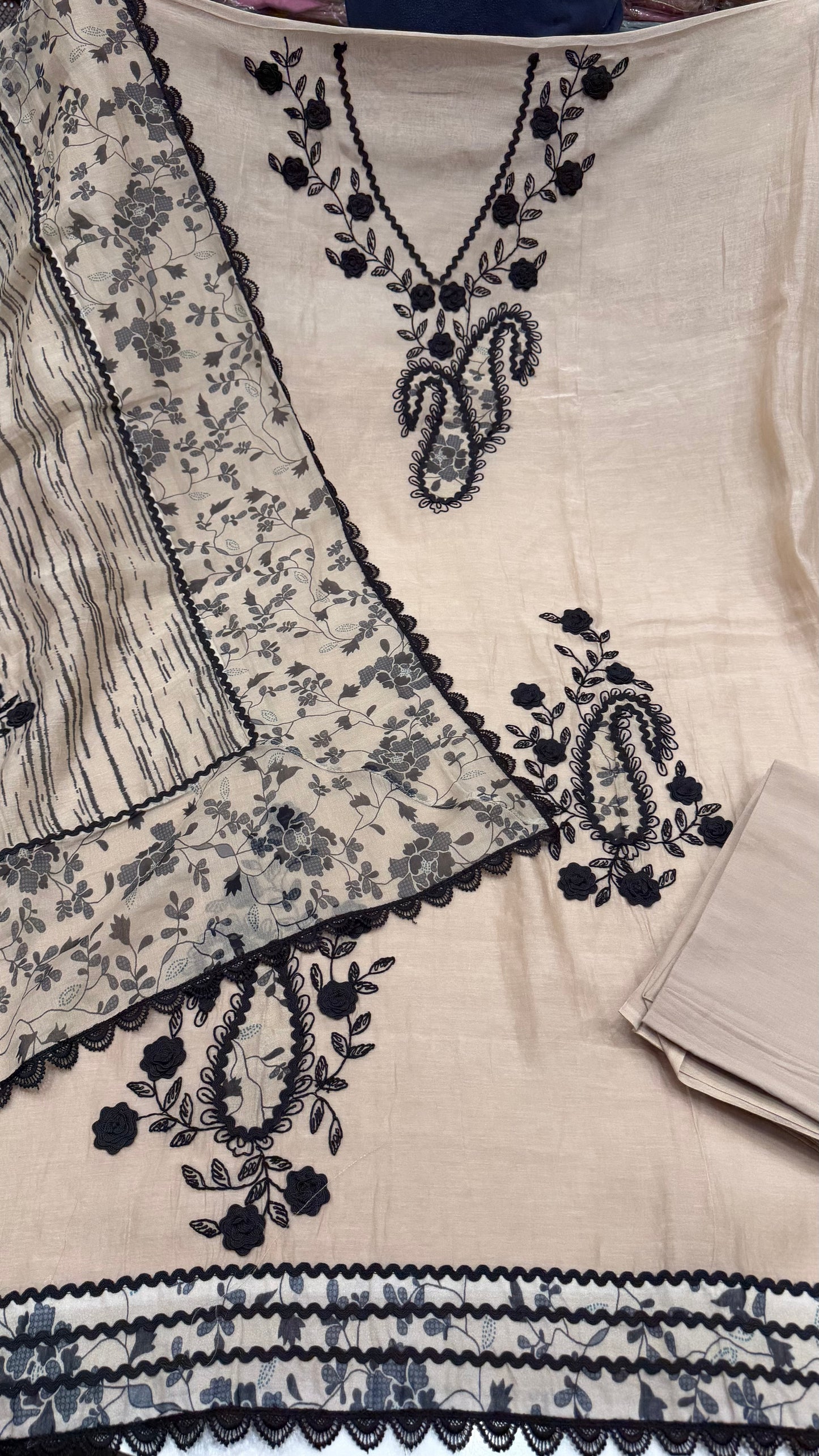 Premium Unstitched Pure Mul Cotton Embroidered Suit with Designer Printed Dupatta | Black Thread & Dori Work | Luxury Summer Cotton Suit