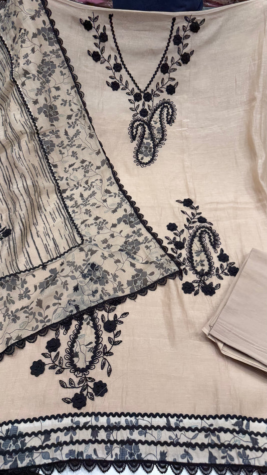 Premium Unstitched Pure Mul Cotton Embroidered Suit with Designer Printed Dupatta | Black Thread & Dori Work | Luxury Summer Cotton Suit