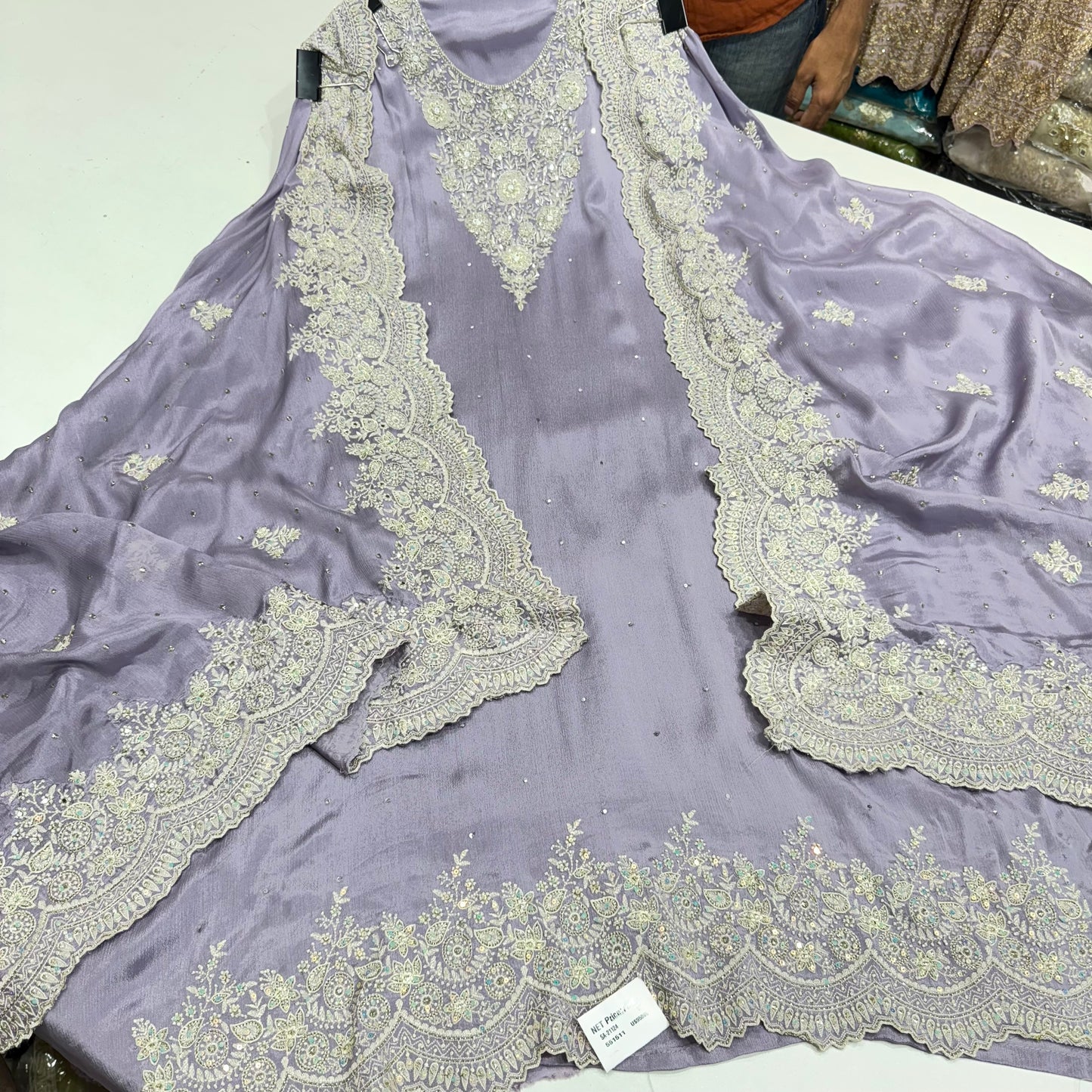Hand Embroidered Straight Suit on Chinon Crepe with Four-Side Border Dupatta – Available in Mustard, Gold, Mauve & Sky Blue | Includes 2.5m Silk Bottom Fabric