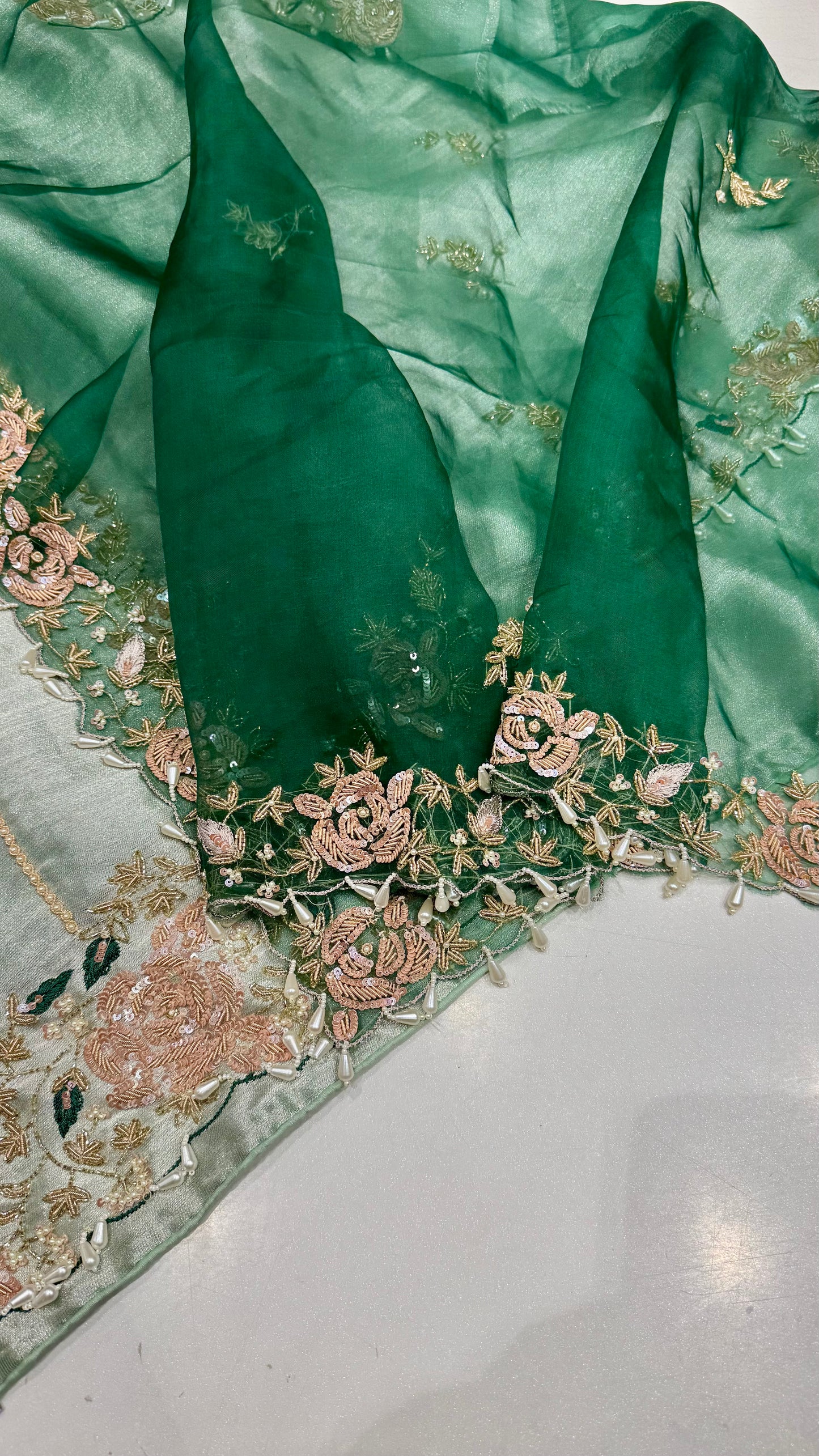 Luxury Hand-Embroidered Unstitched Shimmer Tissue Suit with Organza Dupatta