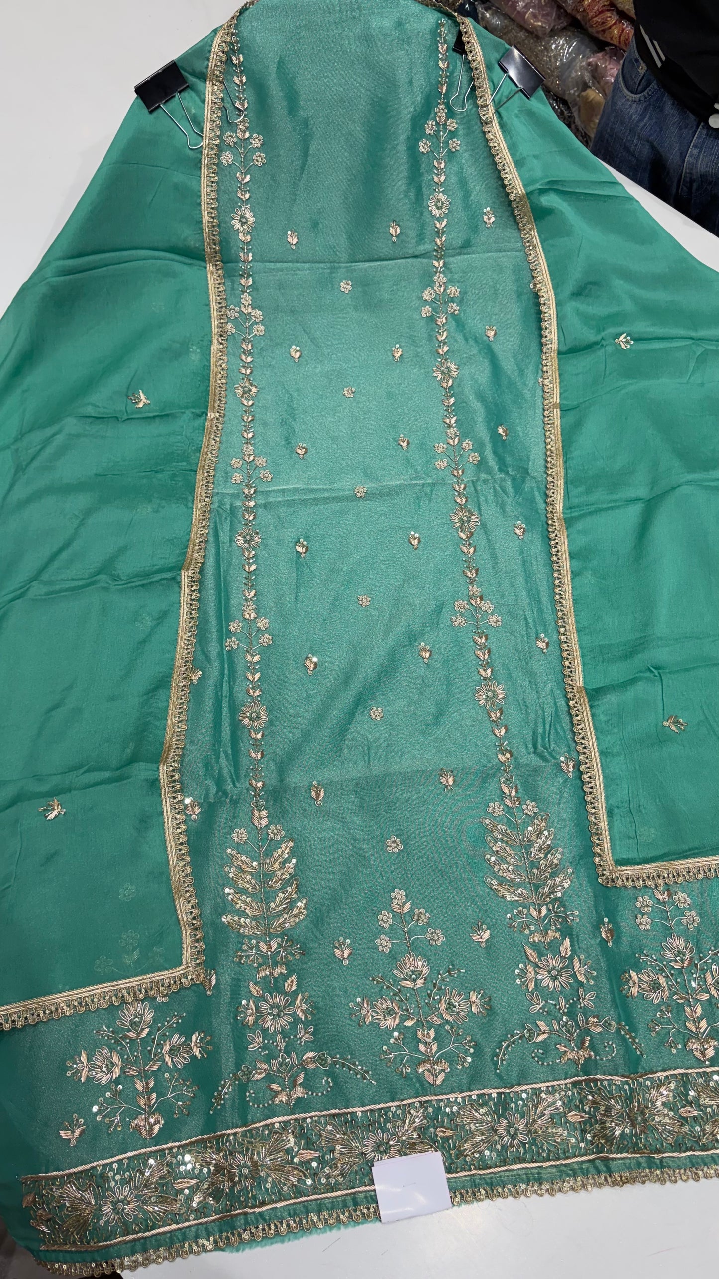 Pure Shimmer Tissue Zardozi Handwork Unstitched Suit Set