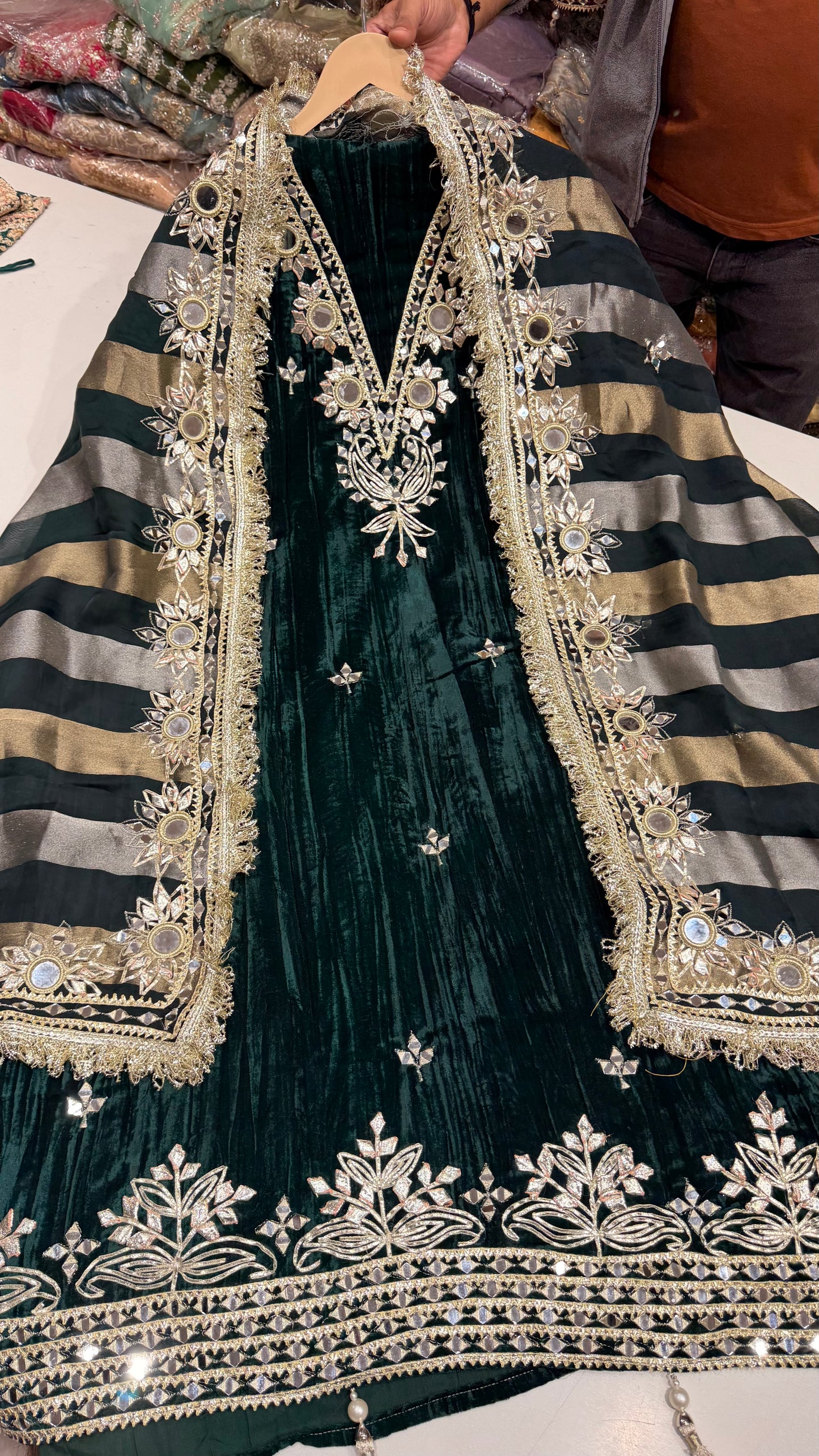 Premium Pure Velvet Unstitched Suit with Gotta Patti & Mirror Work + Tissue Dupatta