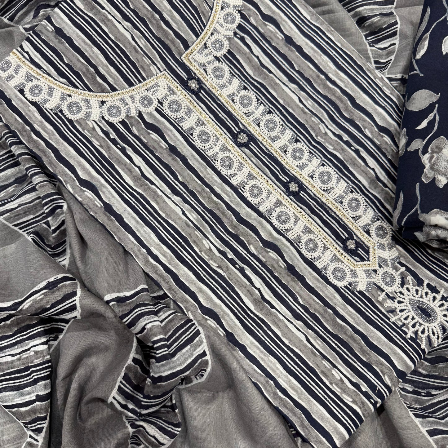 Navy blue Cotton printed suit set