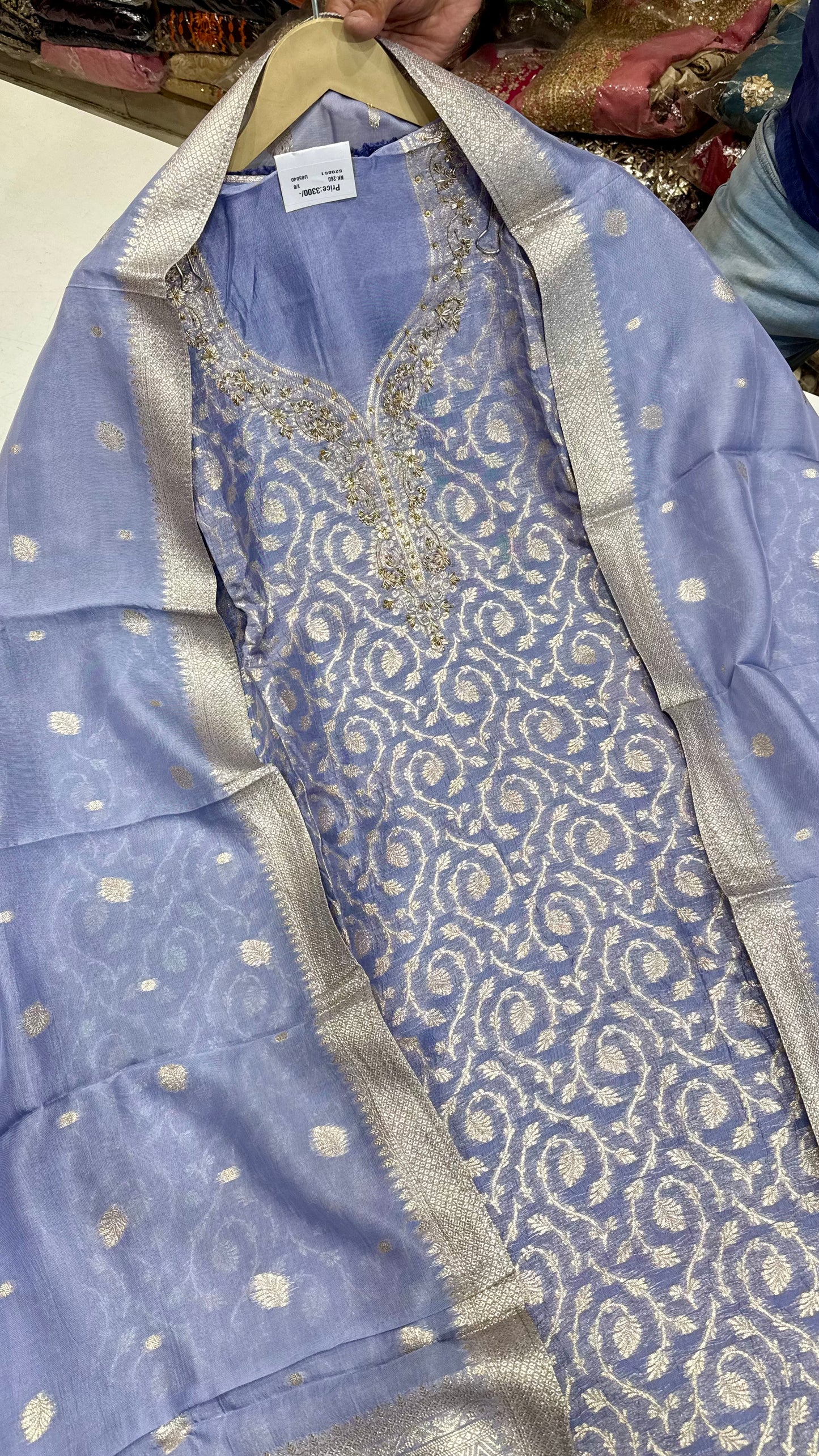 Elegant Banarasi Tissue Unstitched Suit with Dabka Handwork