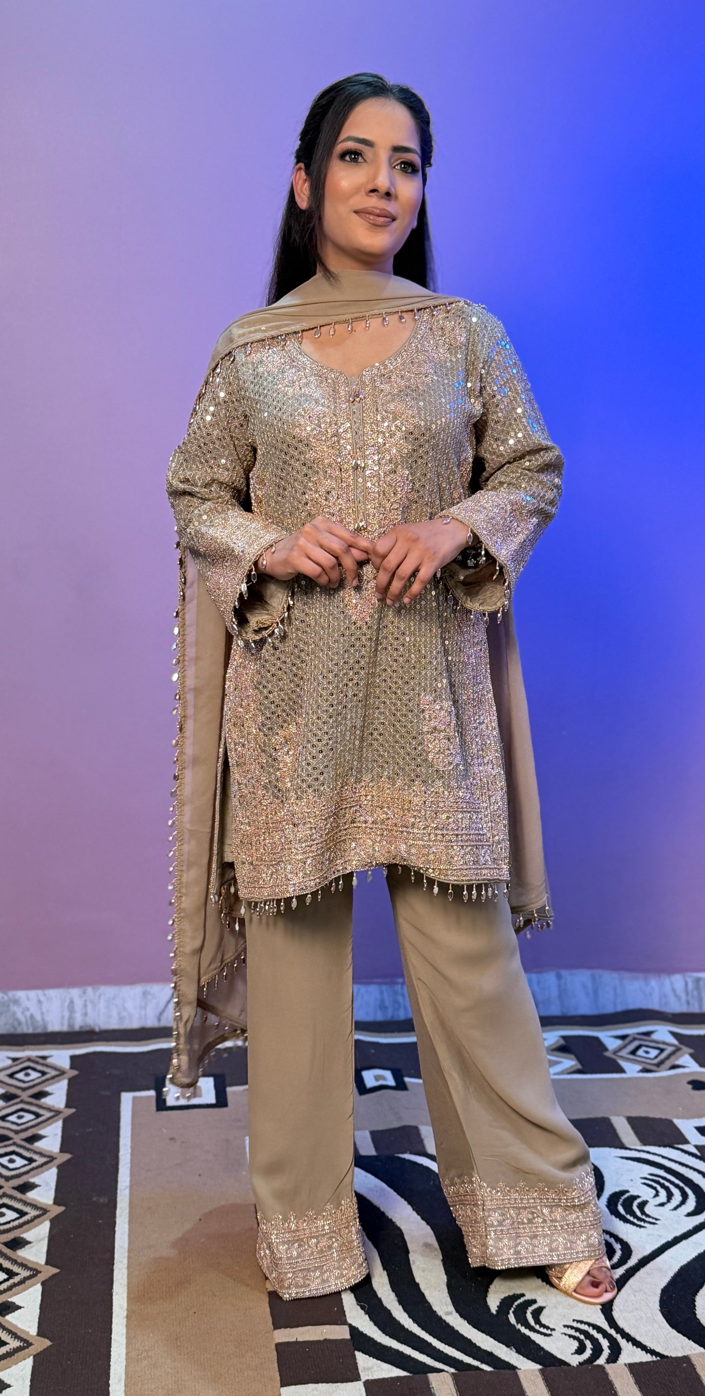 Champagne Gold Pure Georgette Designer Pants Suit with Latkan Dupatta