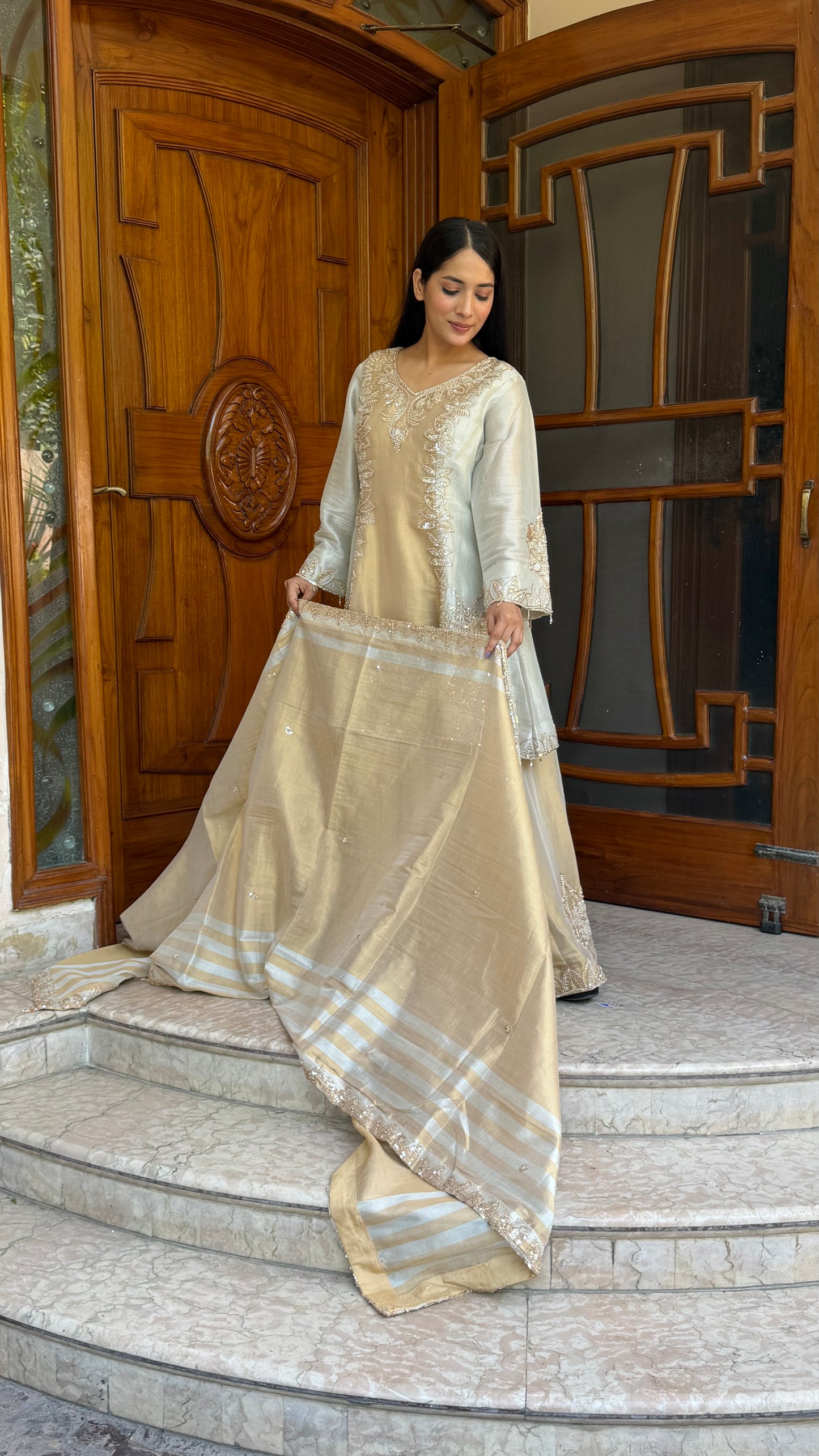Luxury Pure Tissue Choga Style Sharara Suit with Hand Embroidery | Designer Readymade Party Wear Sharara Set