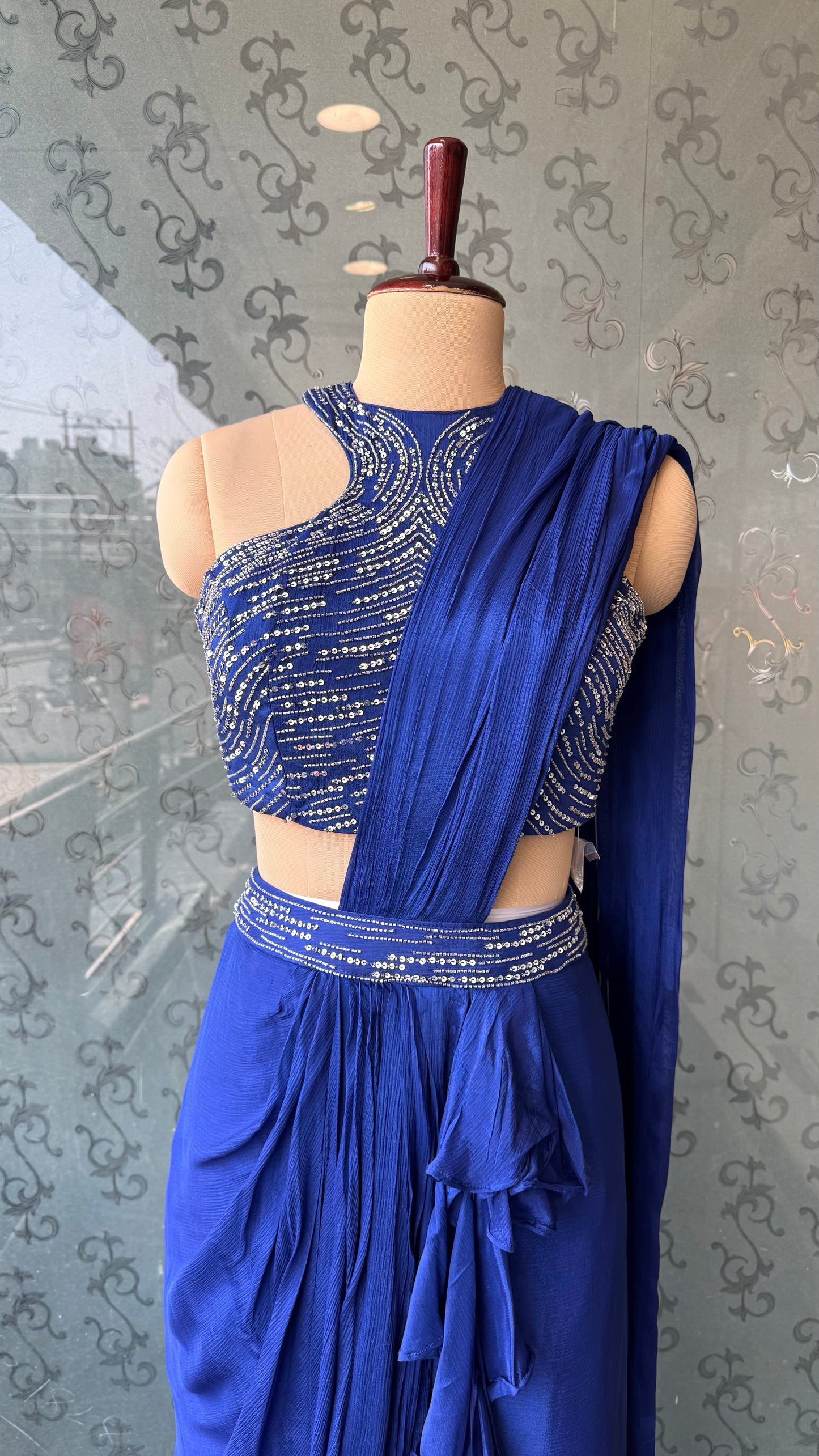 Designer Indo-Western Pre-Draped Saree in Pure Chinon Crepe with Hand-Embroidered Blouse