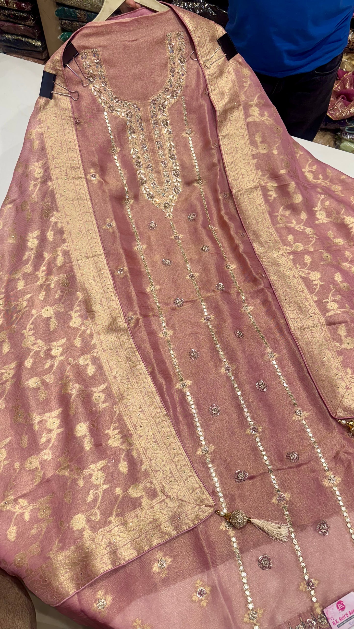Royal Mauve Banarasi Tissue Unstitched Suit with Zardozi Embellishments