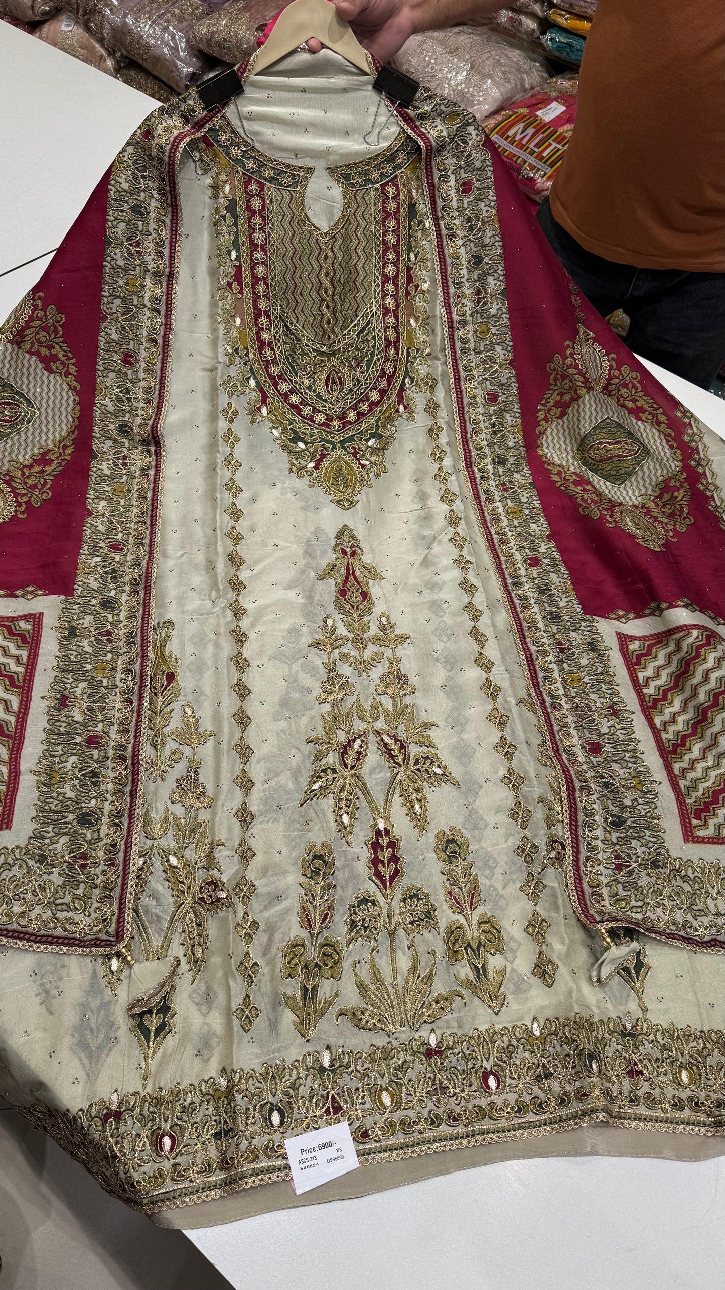 Unstitched Pure Russian Silk Sabyasachi-Inspired Embroidered Suit with Heavy Crepe Bottom
