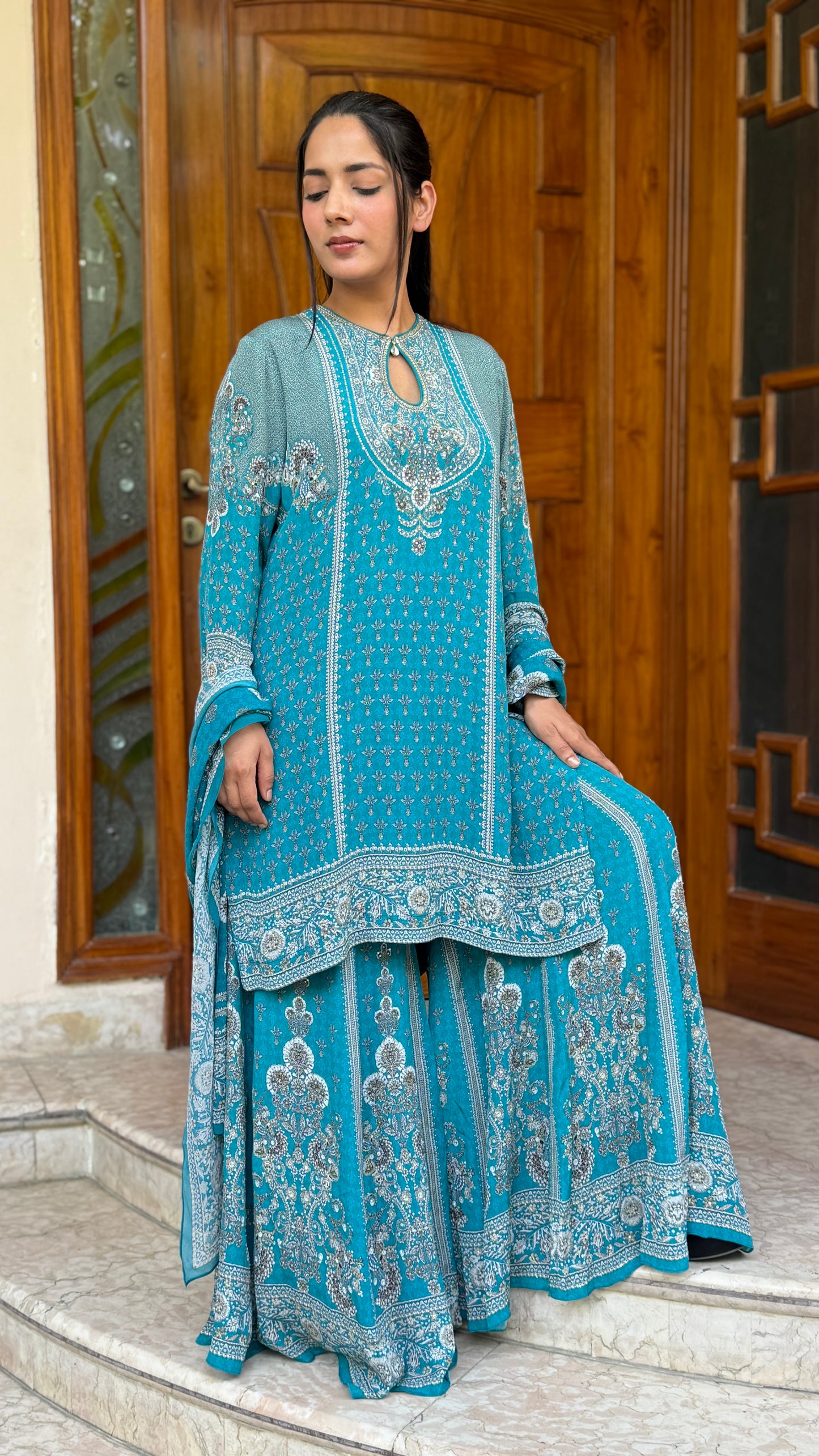 Floral Luxe Digital Print Sharara Suit Set with Dupatta