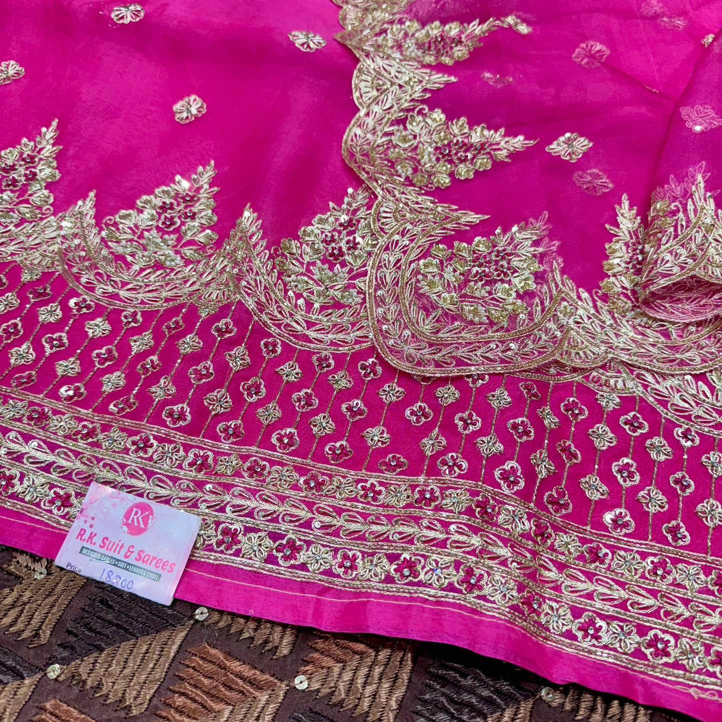 Mazenta Pink pure orgenza Handwork suit set with four side dupatta