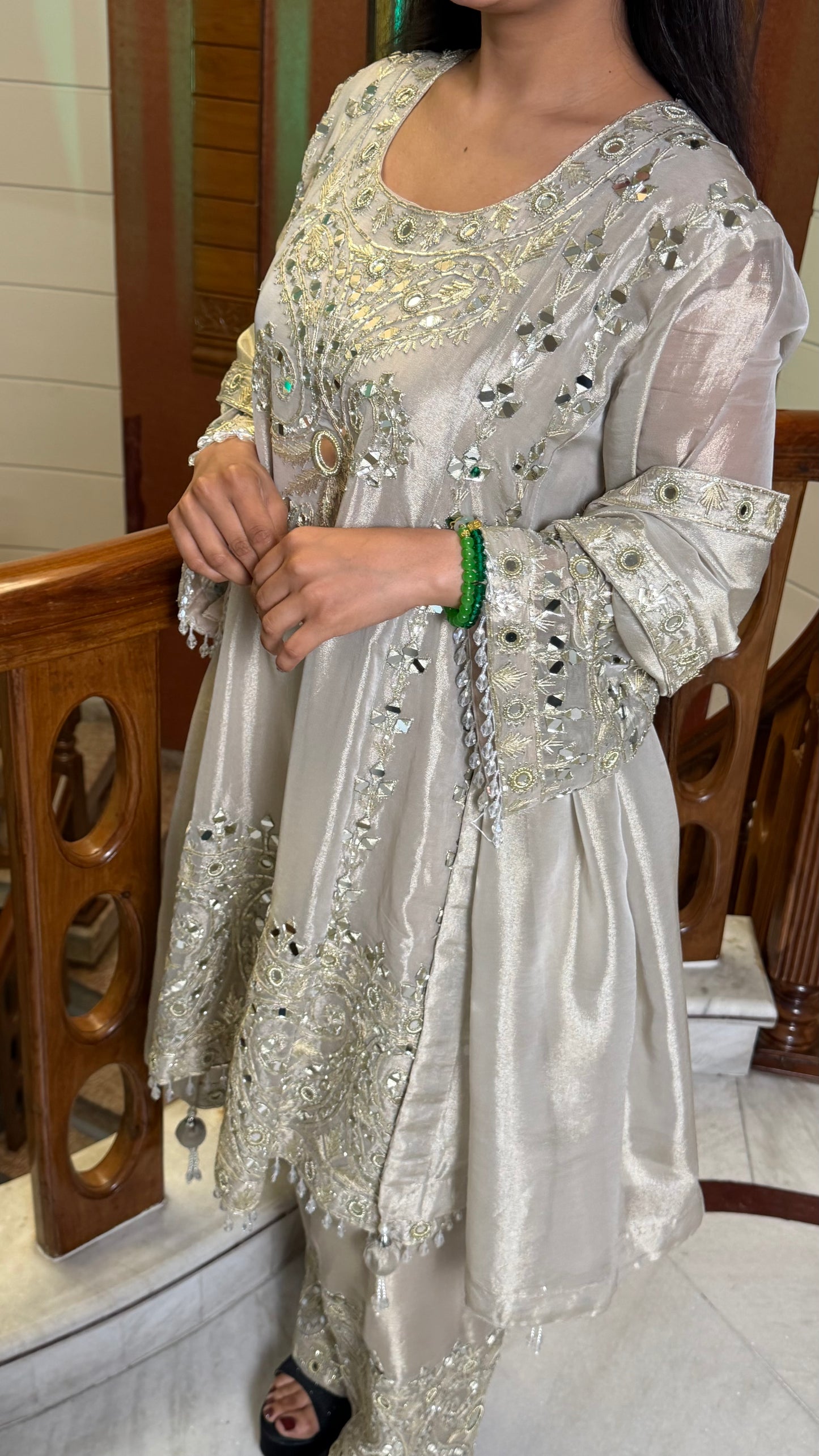 Champagne Beige Pure Tissue Short Anarkali with Farshi Salwar Set