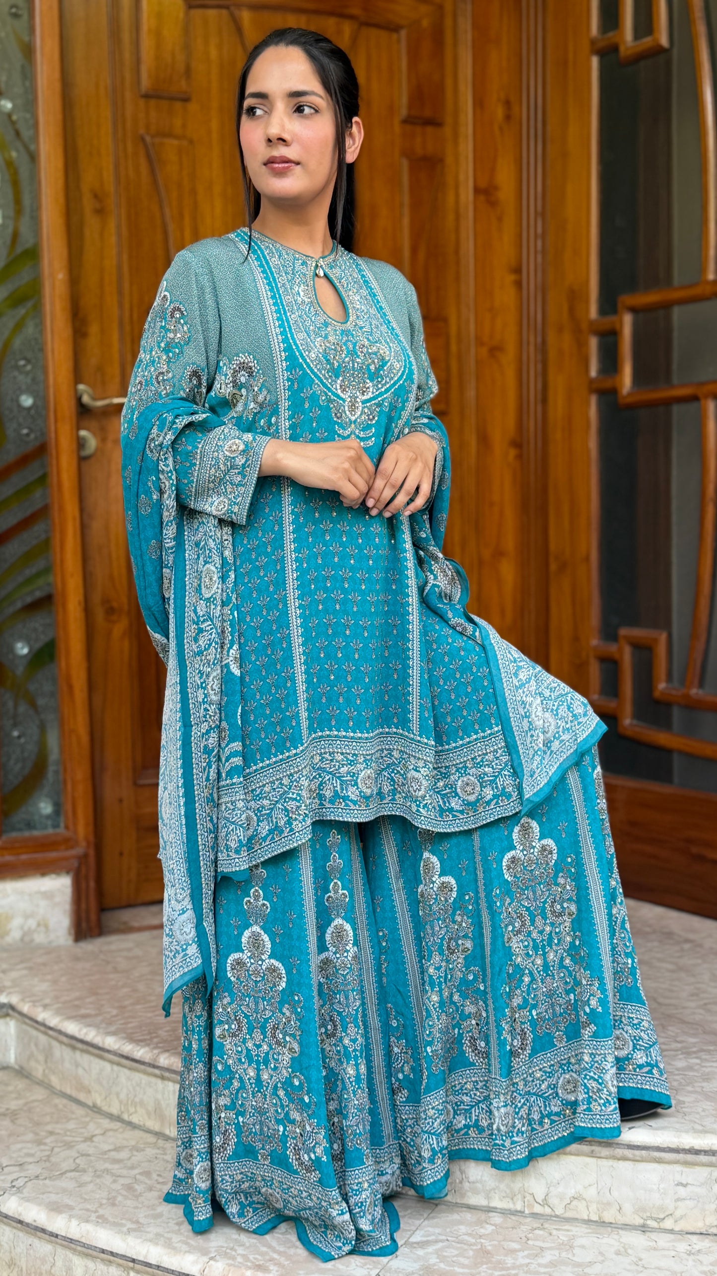 Floral Luxe Digital Print Sharara Suit Set with Dupatta