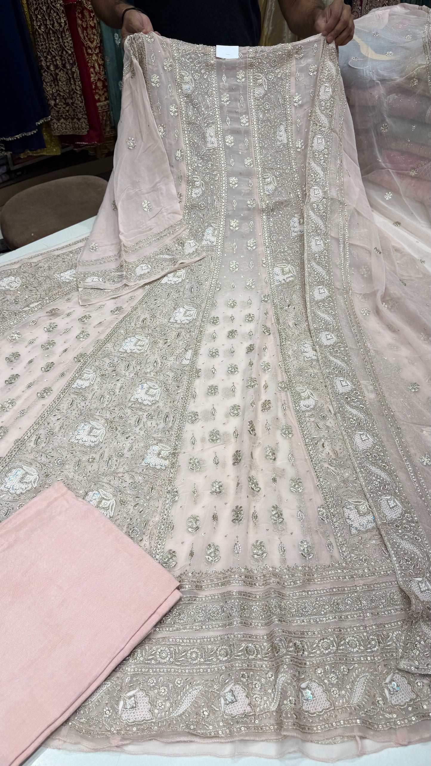 Luxury Unstitched Pure Georgette Zari Lakhnavi Anarkali Suit with Resham, Sequin & Pearl Handwork | Designer Wedding & Party Wear Suit