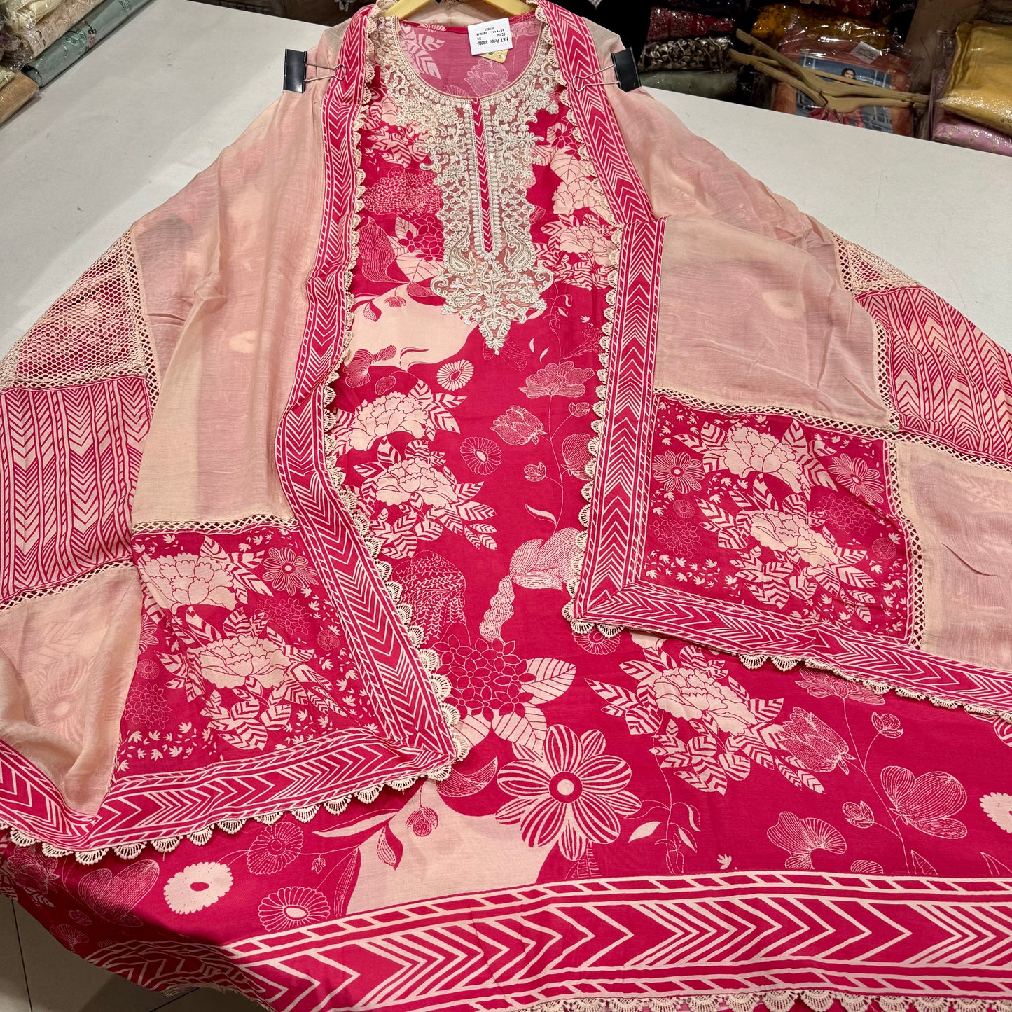 Luxury Muslin Printed Suit with Dori & Sequin Neckline and Designer Patchwork Dupatta