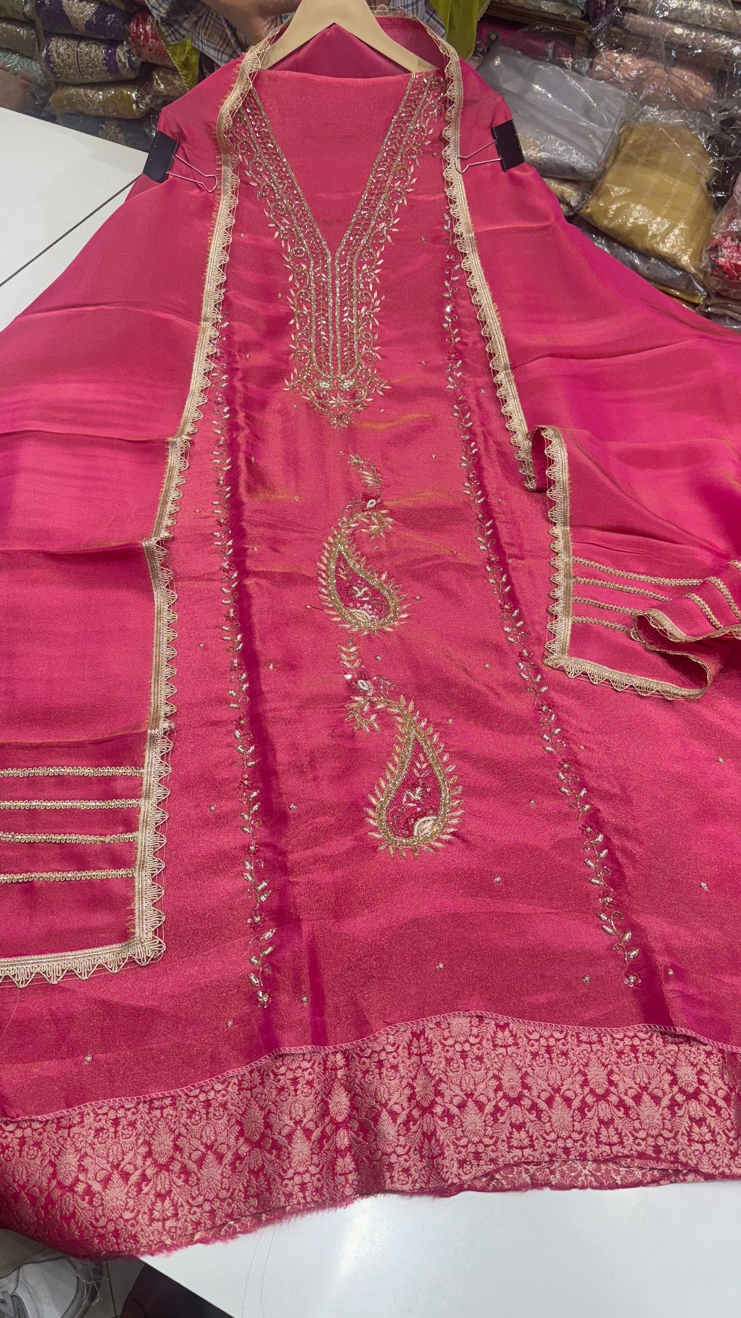 Elegant Hand-Embroidered Tissue Silk Suit with Brocade Bottom & Tissue Dupatta (3-Piece Set)