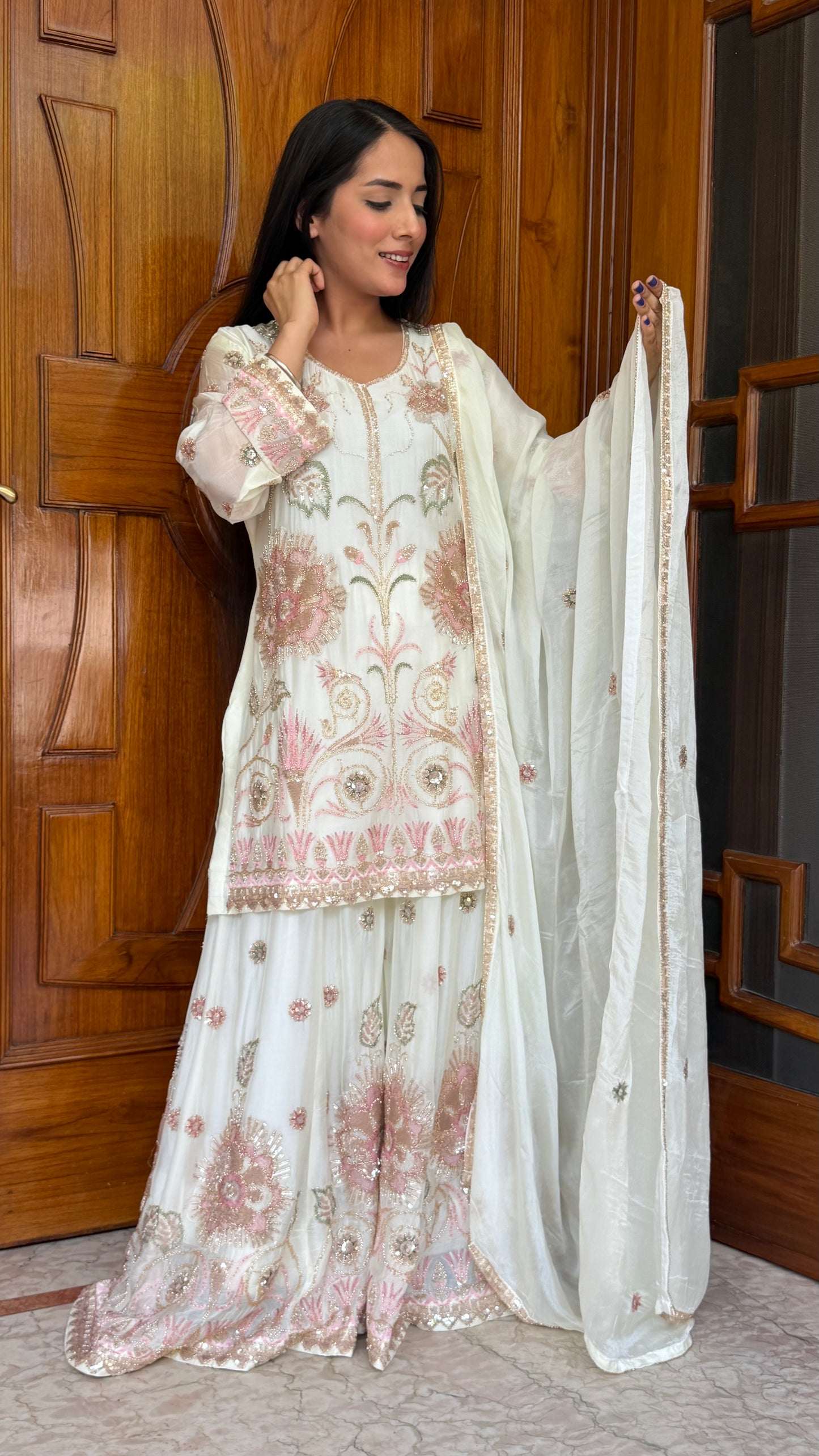 Elegance Chinon Sharara Suit Set with Hand Nakashi Embroidery