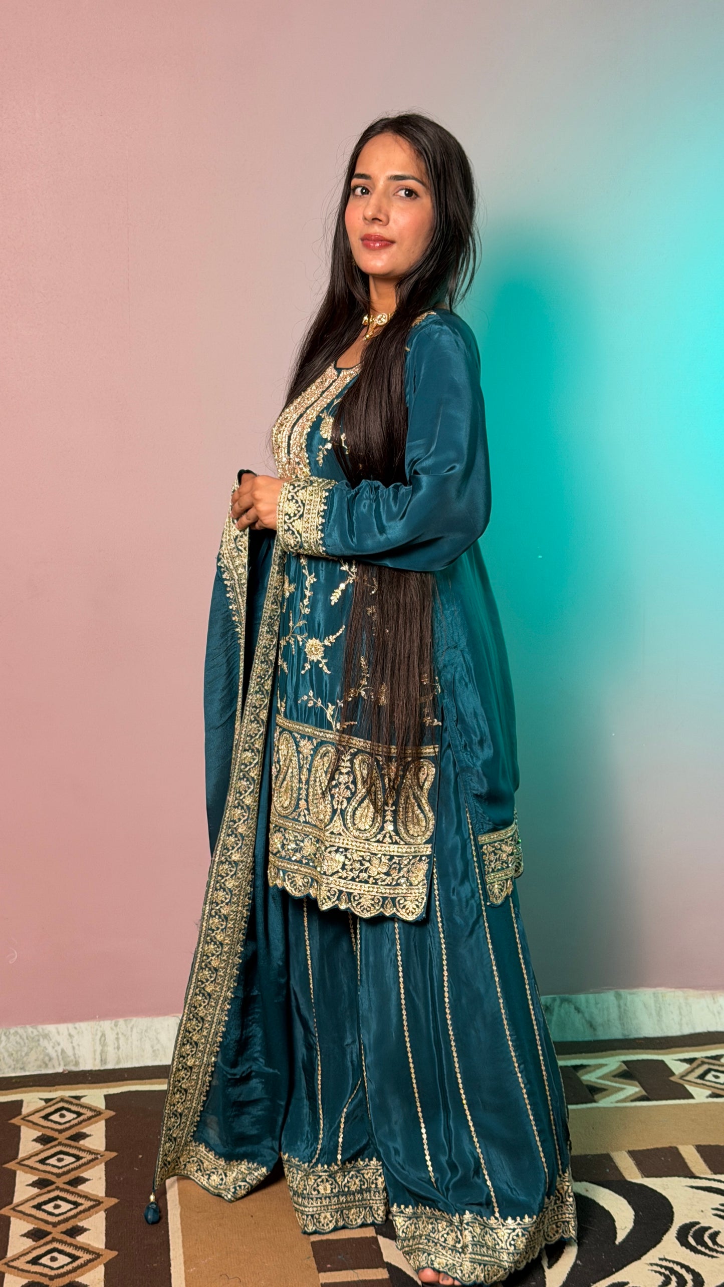 Emerald Elegance Handcrafted Zardozi Sharara Suit Set