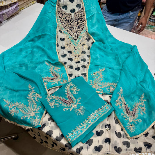 Orgenza Printed Zari Embroidered Suit with Heavy Neck, Chinon Zari Work Dupatta & Pure Crepe Embroidered Bottom
