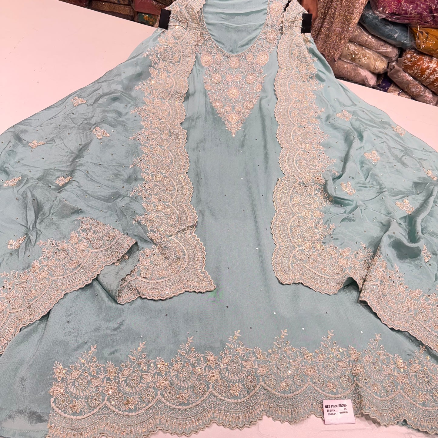 Hand Embroidered Straight Suit on Chinon Crepe with Four-Side Border Dupatta – Available in Mustard, Gold, Mauve & Sky Blue | Includes 2.5m Silk Bottom Fabric