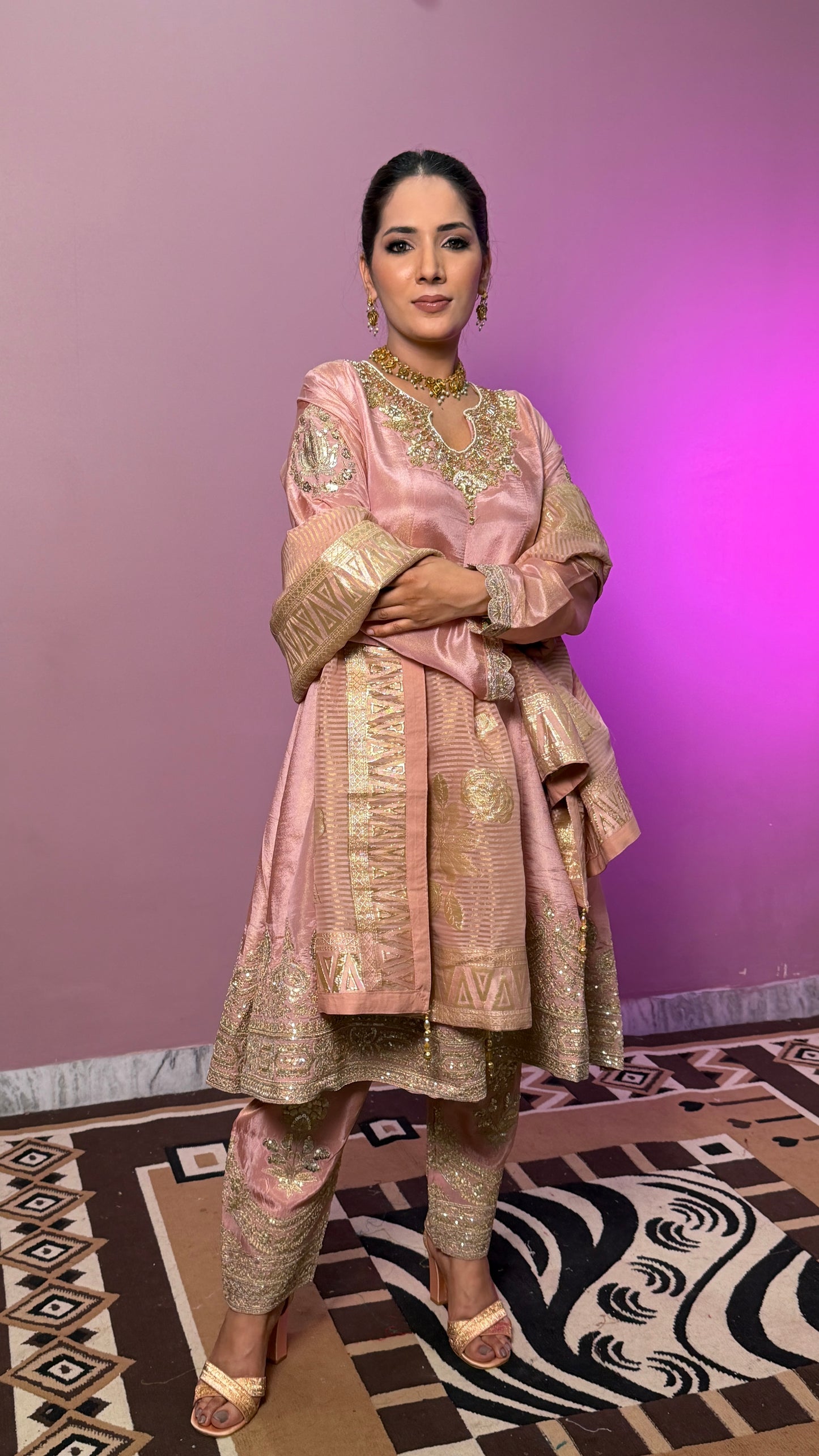 Blush Peach Tissue Anarkali Suit with Banarasi Dupatta