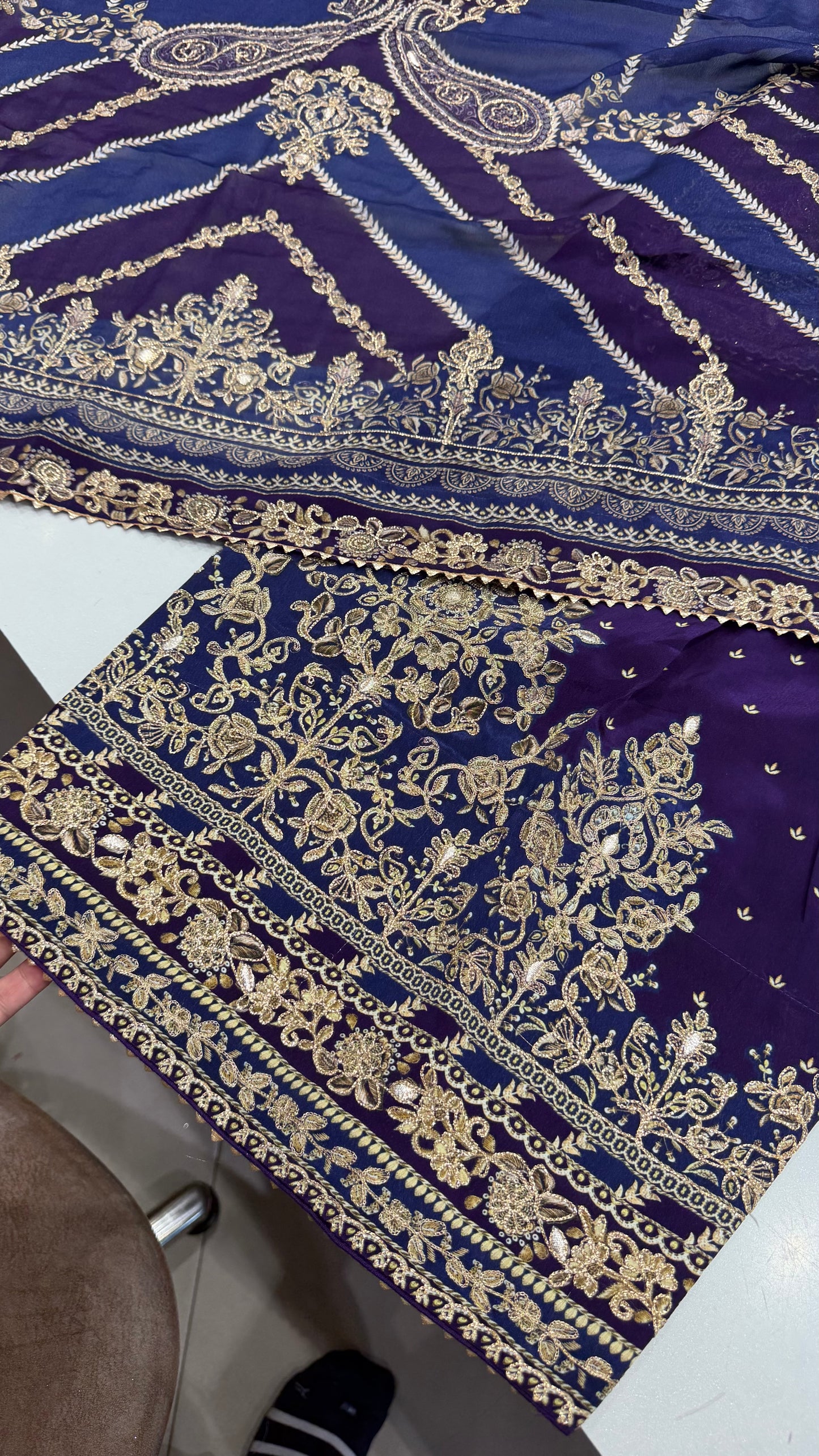 Royal Purple Readymade Farshi Salwar Suit | Pure Crepe Designer Suit with Heavy Zari Hand Embroidery | Chinon Dupatta Luxury Ethnic Wear