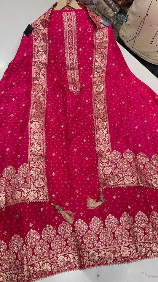 Elegant Banarasi Silk Unstitched Suit with Handloom Weaving Dupatta