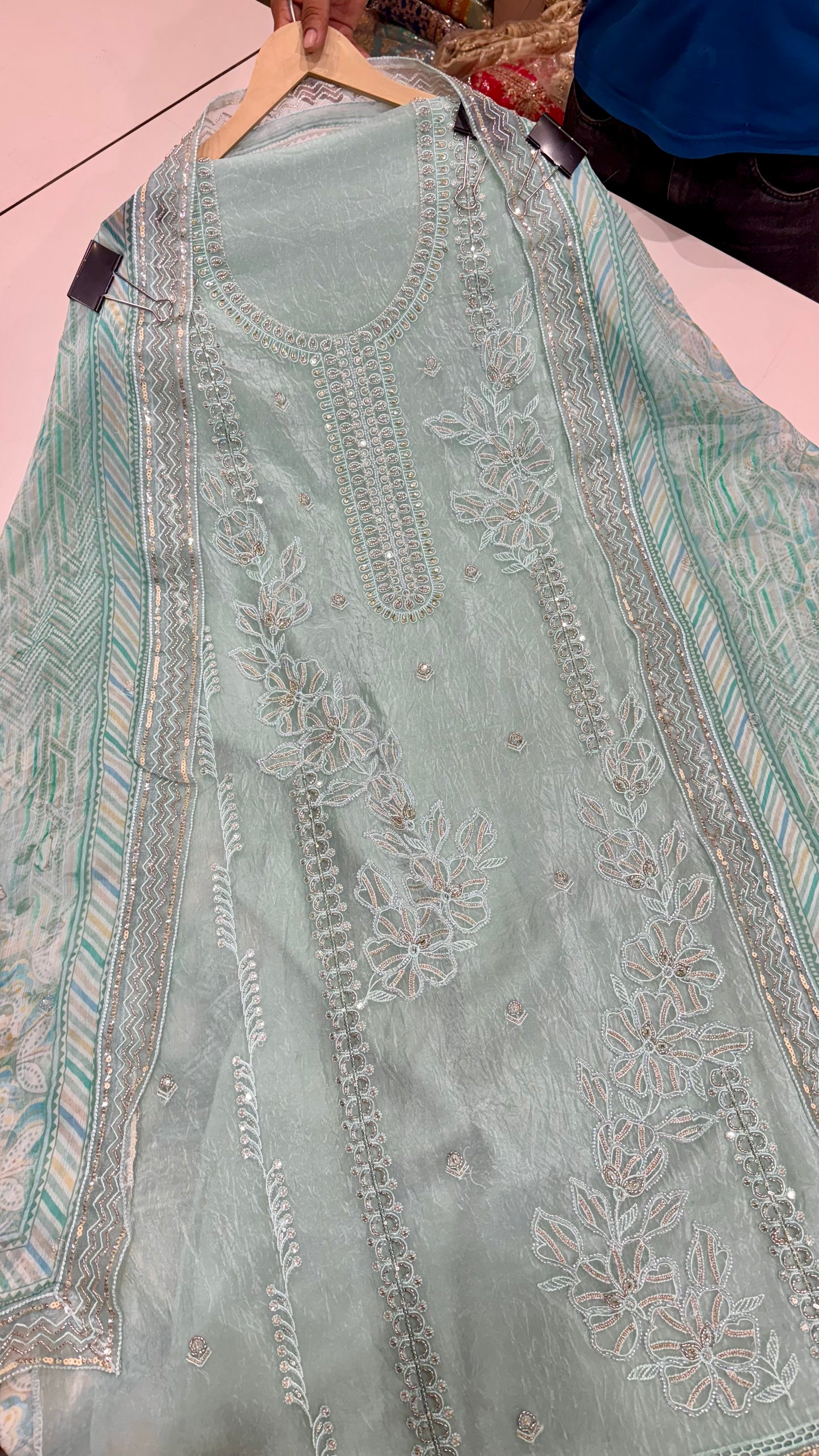 Elegant Pure Paper Silk Hand-Embroidered Unstitched Suit with Chiffon Printed Dupatta