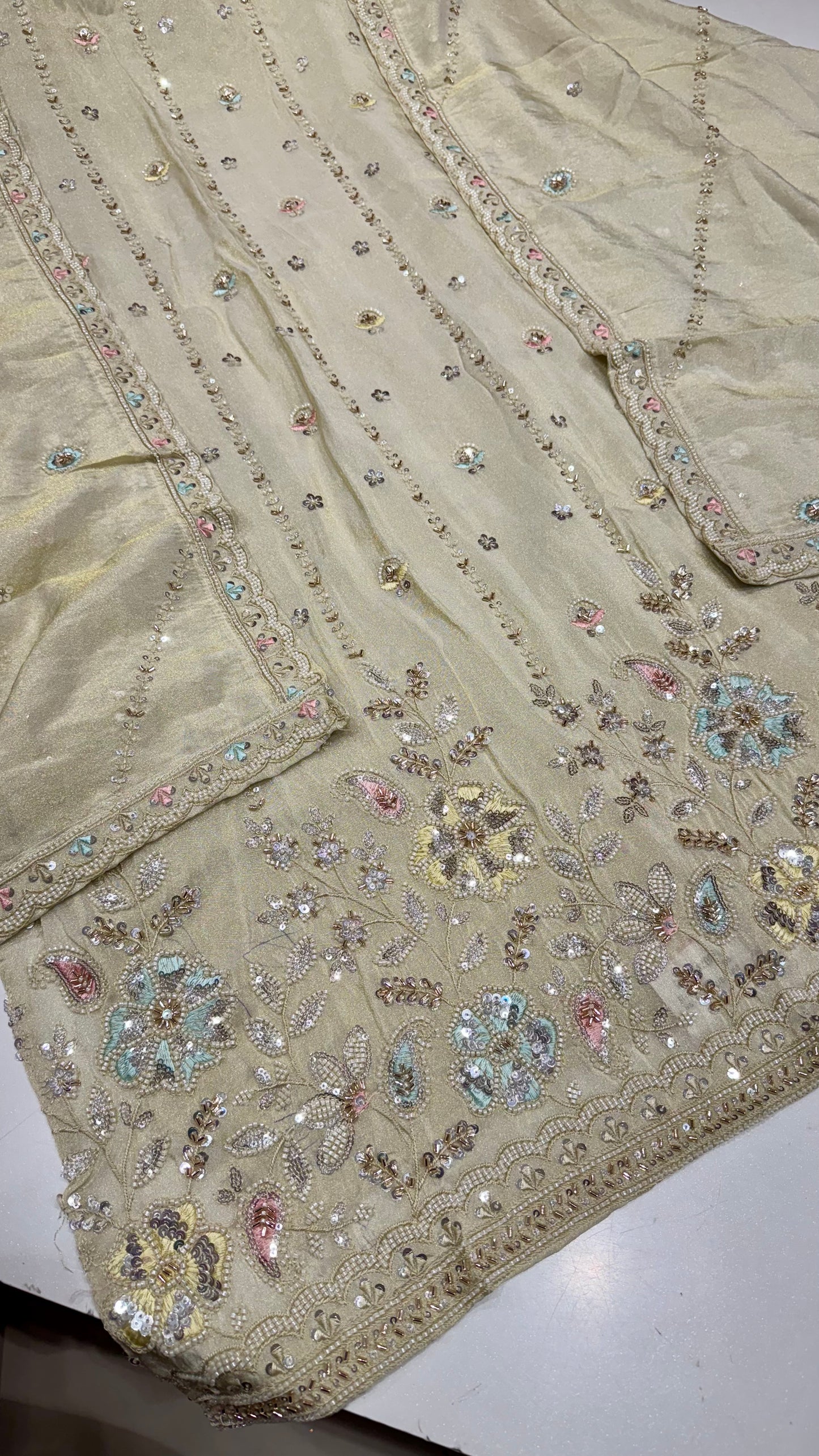 Elegant Tissue Unstitched Suit with Zardozi, Pearls & Dabka Embroidery