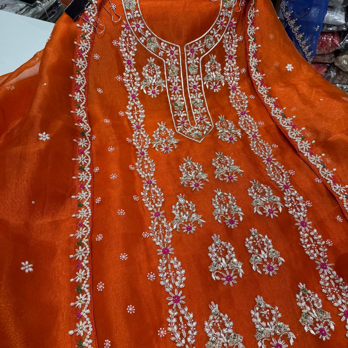 Embroidered Organza Unstitched Suit - Traditional Floral Design with Dupatta (Available in Rust & Royal Blue)