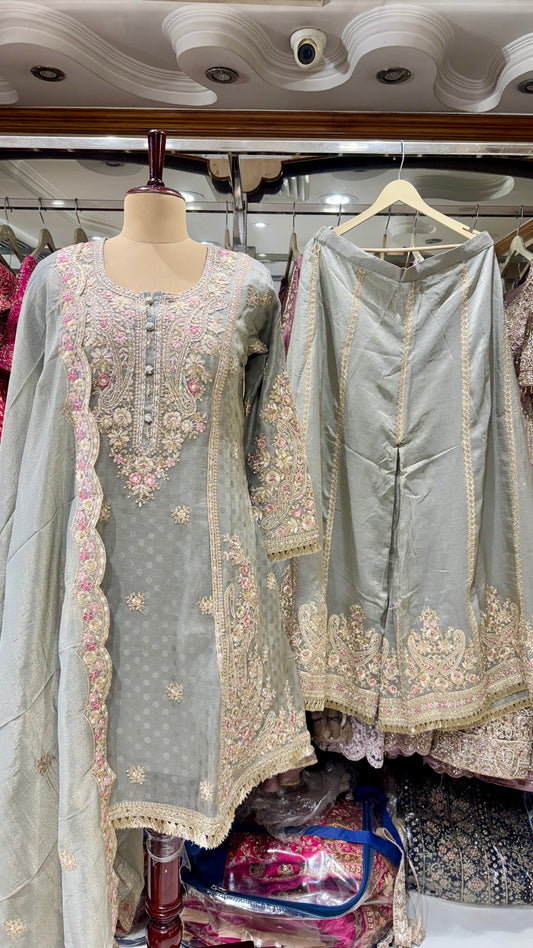 Readymade A-Line Pakistani Sharara Suit in Pure Tissue – Free Size (Up to 44” Bust)