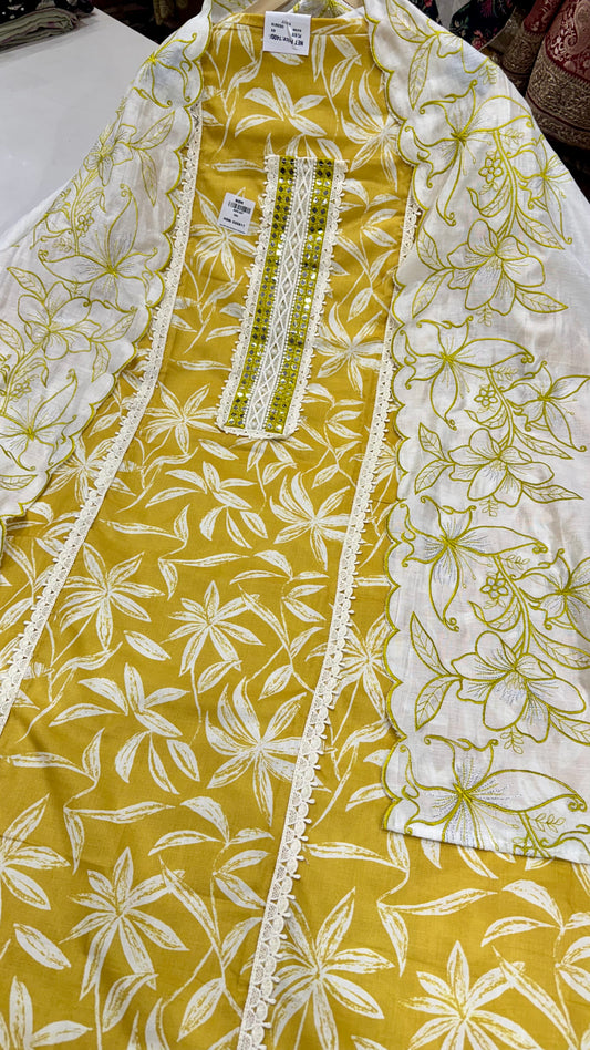 Sunshine Yellow Pure Cotton Unstitched Suit with Kalamkari Dupatta & Lace Neck