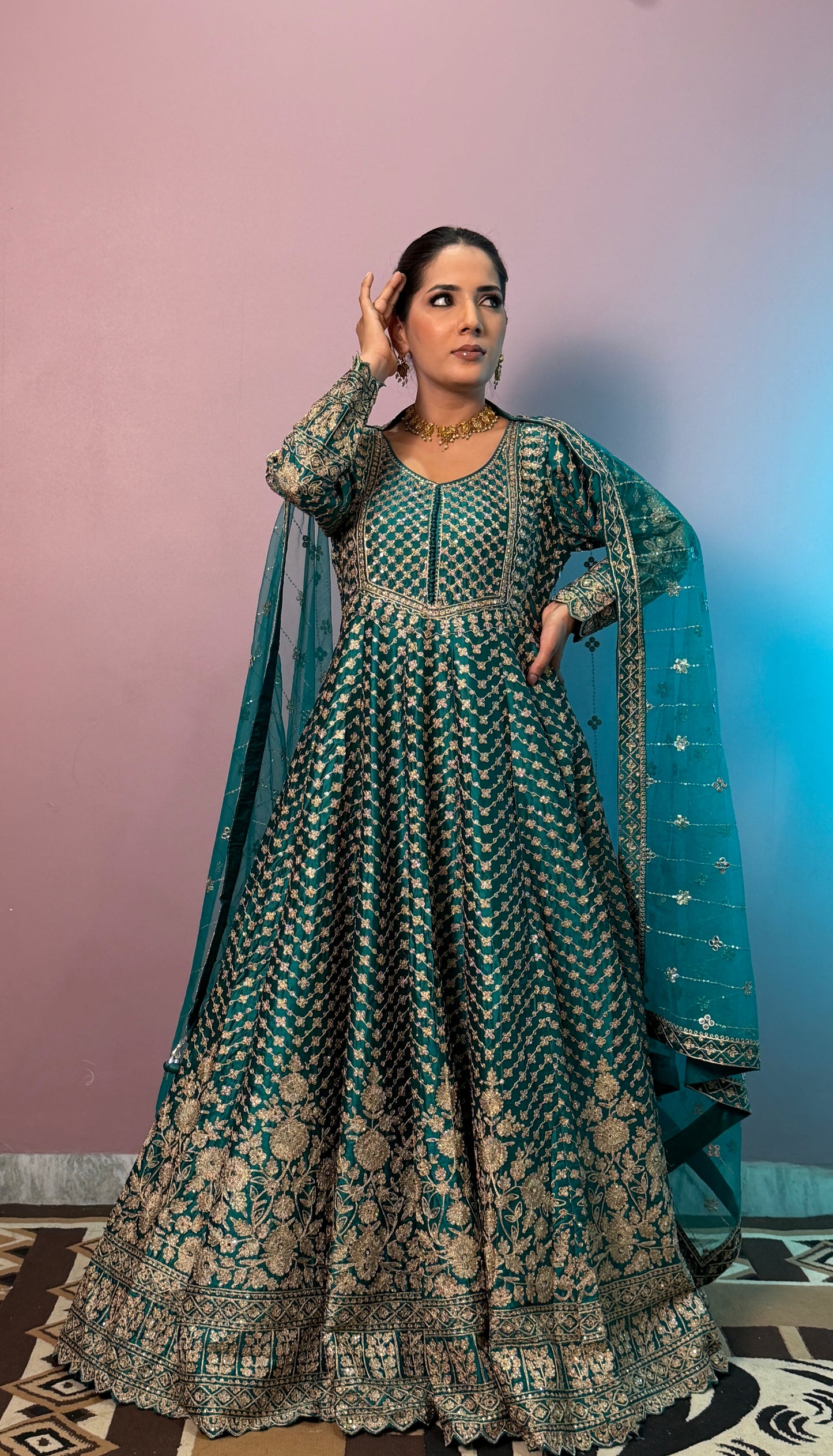 Emerald Royal Pure Silk Floor Length Anarkali Suit with Embroidered Net Dupatta