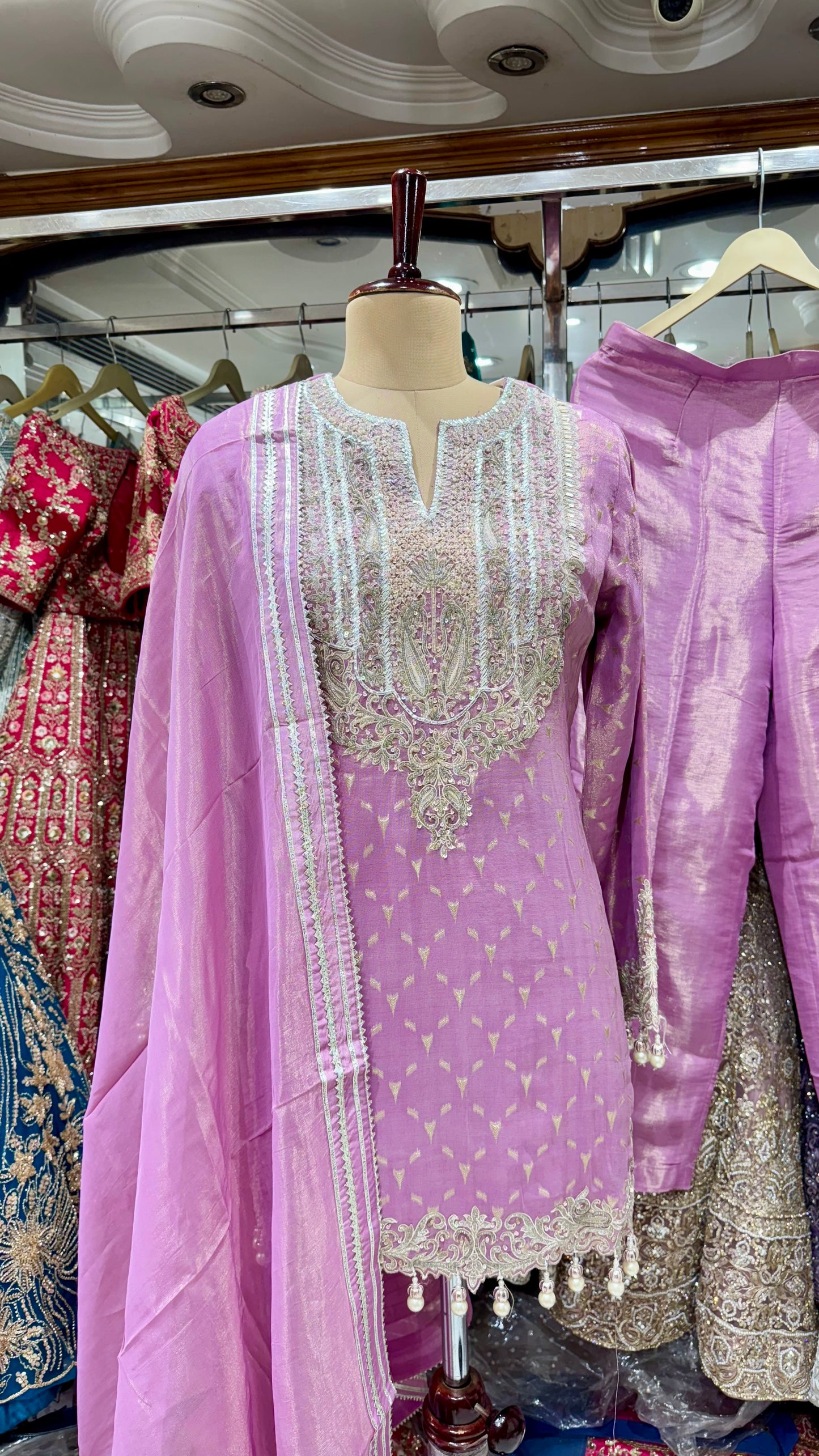 Embroidered Tissue Silk Pant Suit with Pearl Detailing – Available in Mustard & Rust