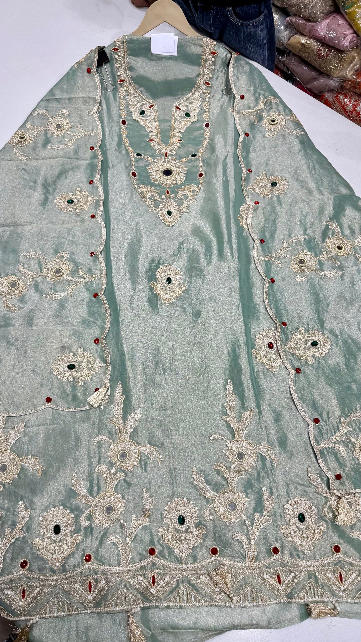 ✨ Shimmer Tissue Rajwada Work Unstitched Suit Set