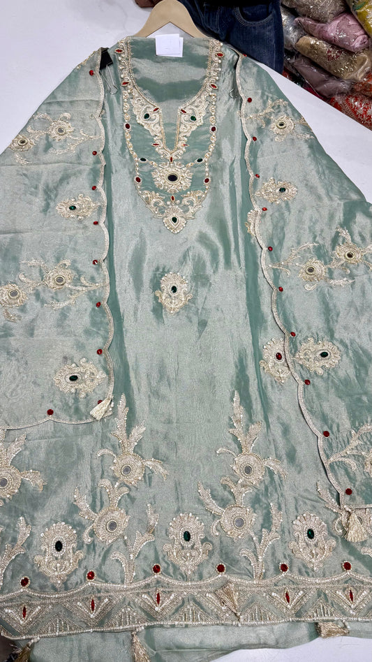 ✨ Shimmer Tissue Rajwada Work Unstitched Suit Set