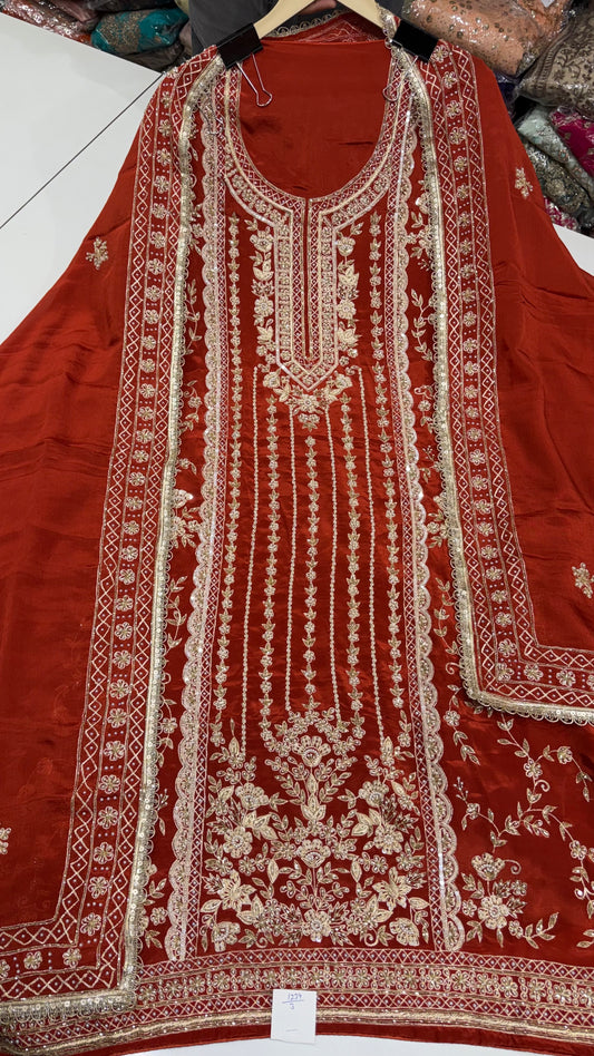 Royal Bridal Crepe Zardozi Handworked Unstitched Suit Set