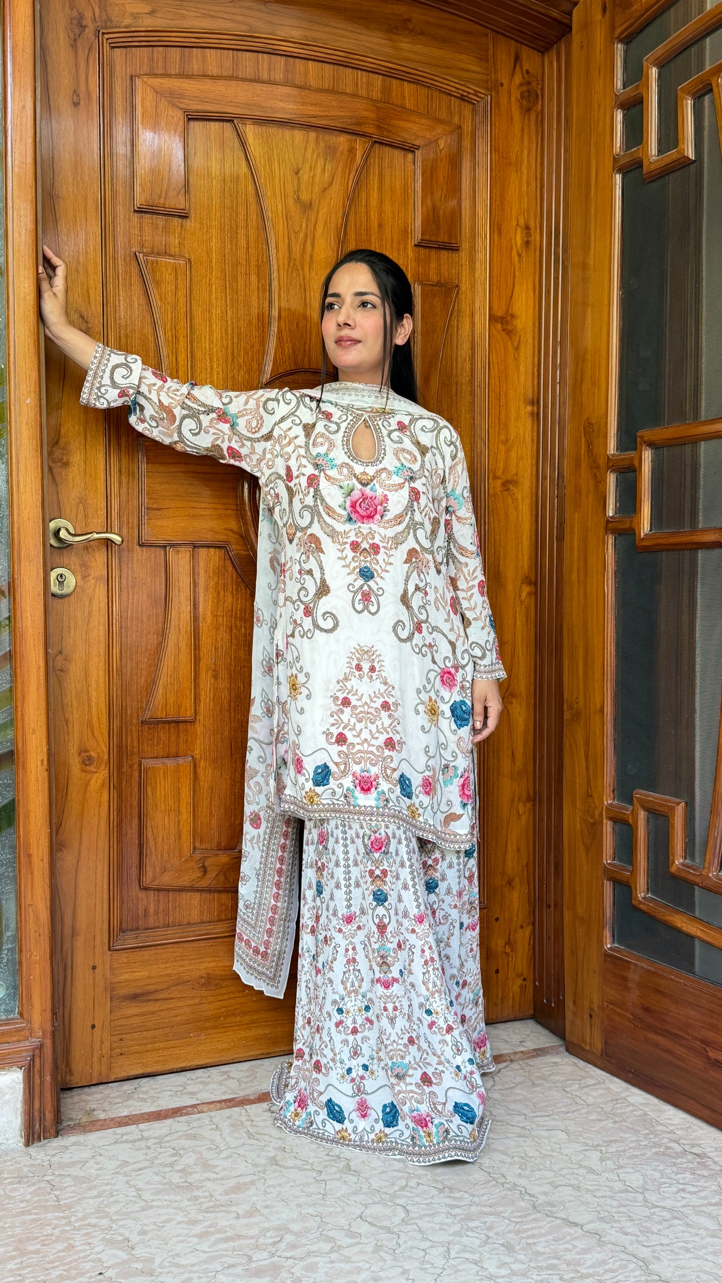 Pure White Floral Luxe Digital Print Sharara Suit Set with Dupatta