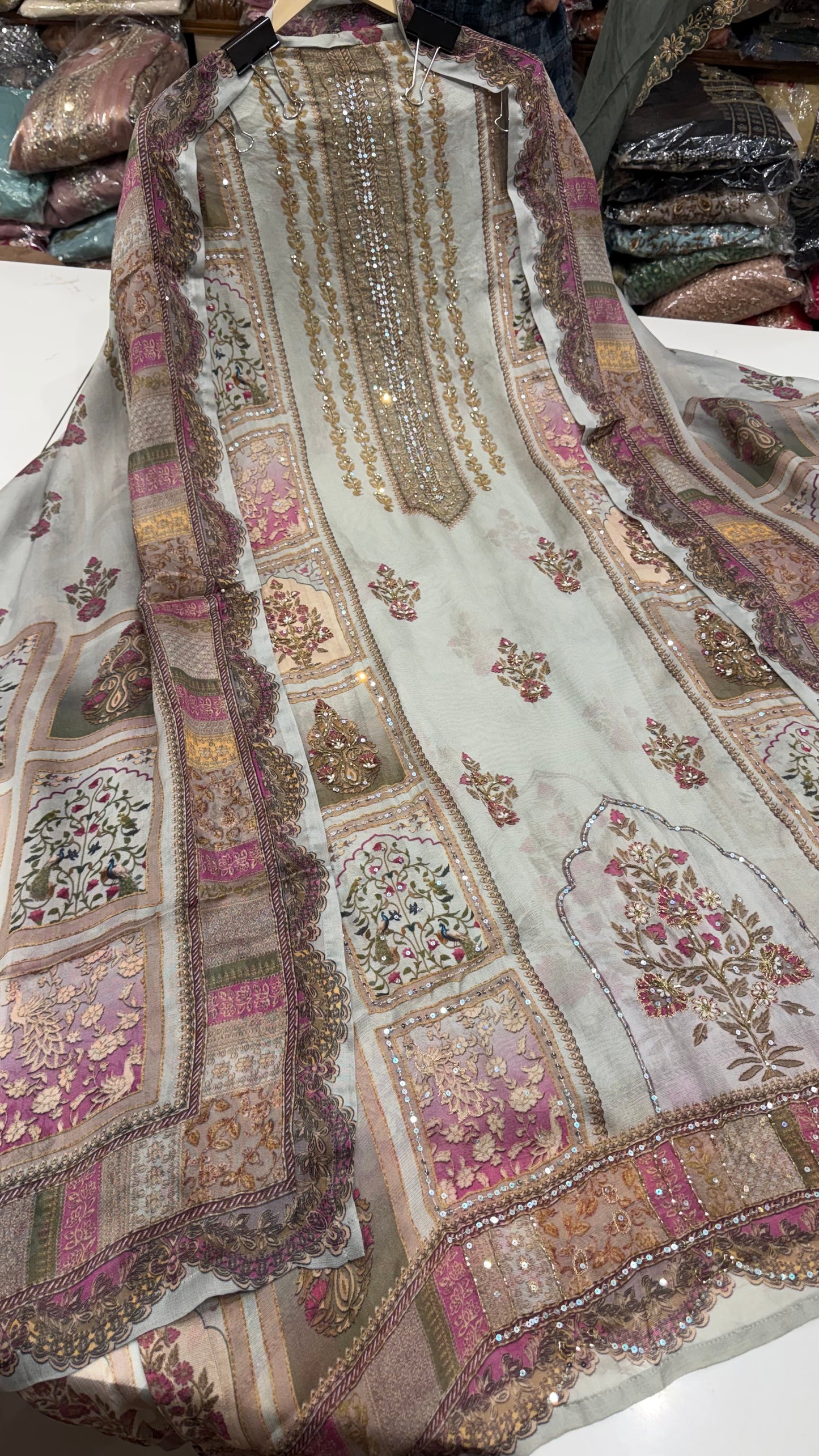Luxury Unstitched Pure Burberry Tissue Suit | Designer Position Print with Heavy Zari & Sequence Hand Embroidery | Printed Dupatta & Cotton Silk Bottom Fabric | Festive Wedding Wear (US7236)