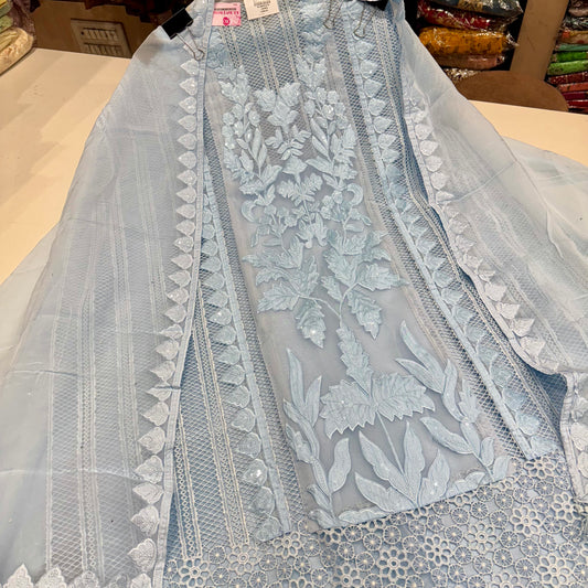 Luxury Pakistani Organza Appliqué Work Suit with Designer Border Dupatta & Pure Silk 2.5m Bottom