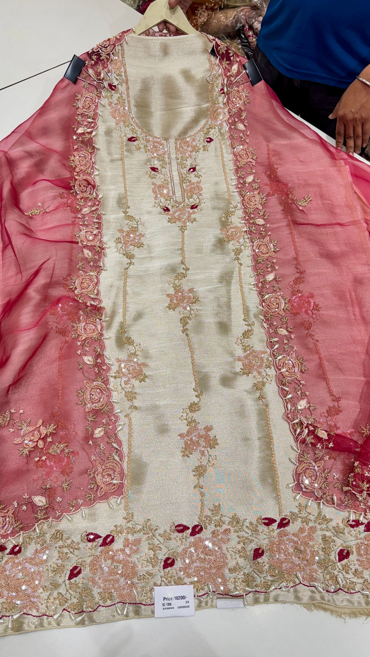 Luxury Hand-Embroidered Unstitched Shimmer Tissue Suit with Organza Dupatta