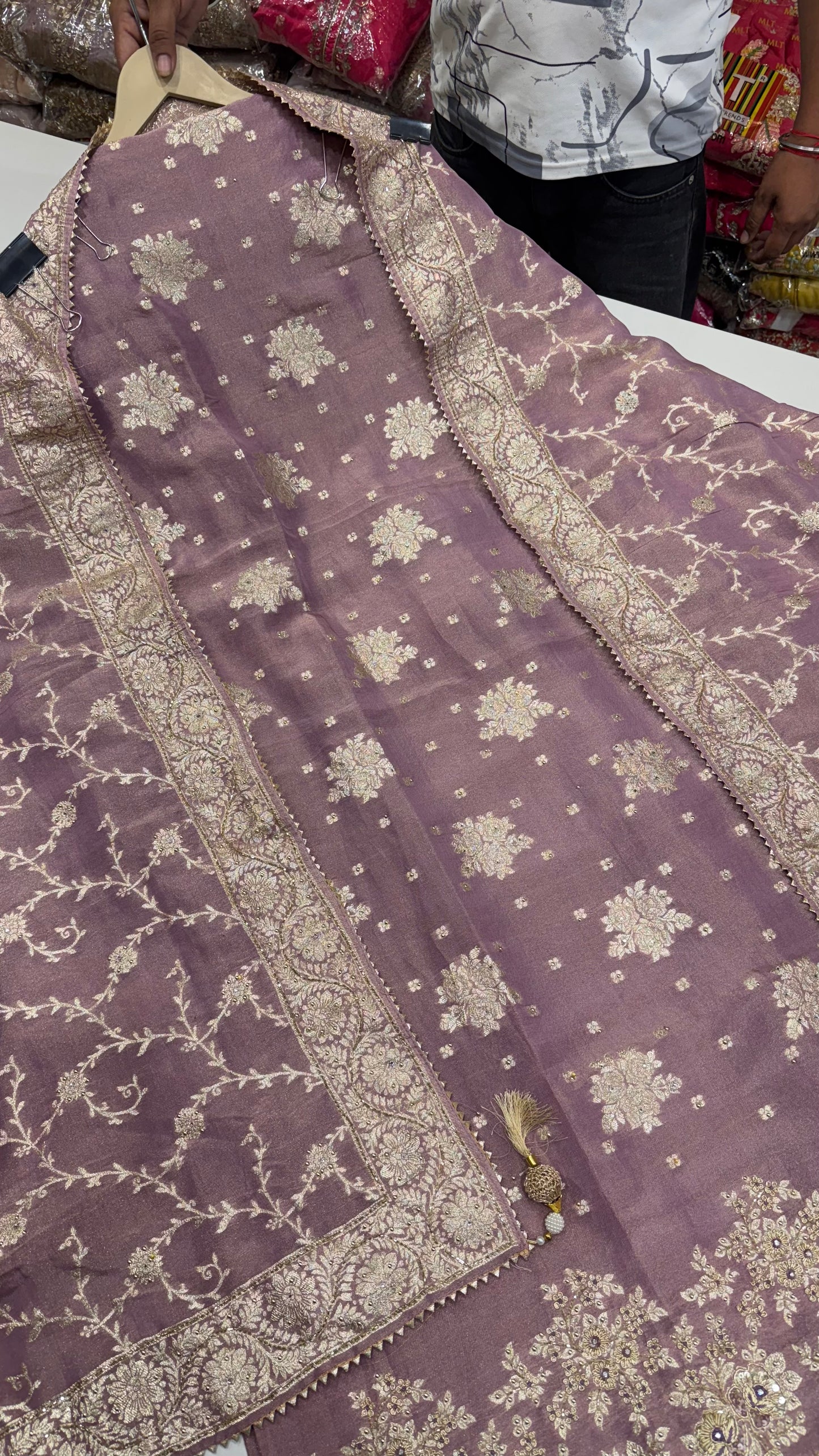 Elegant Banarasi Tissue Unstitched Suit with Dabka Embroidery