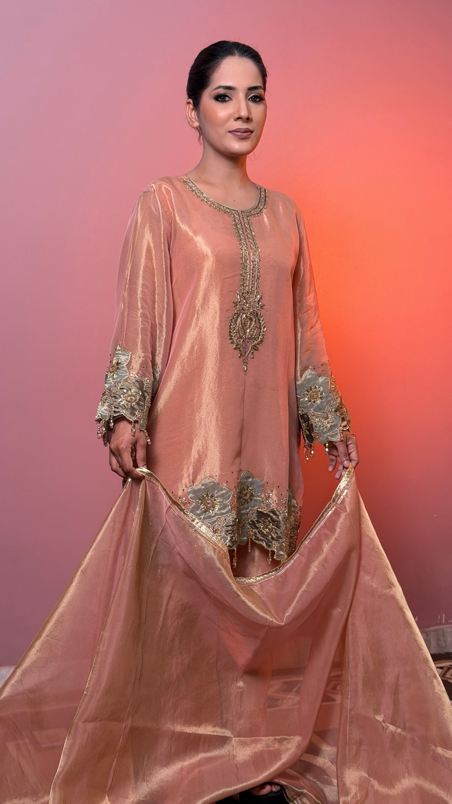 Blush Peach Pure Tissue Handcrafted Zardozi Straight Suit with Pants